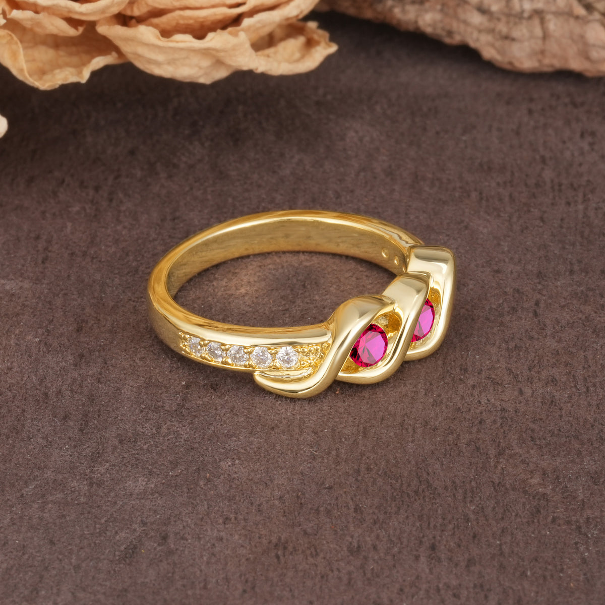 Unique Twisted and Intertwined Double Round Cut Ruby Two-Stone Wedding Ring - Additional view