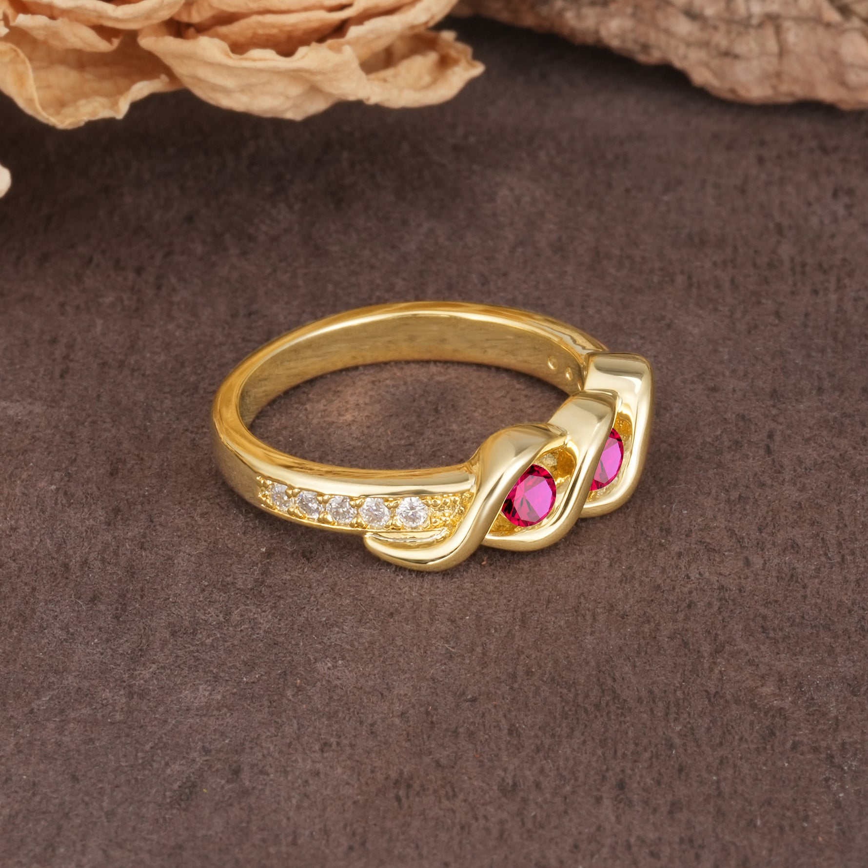 Unique Twisted and Intertwined Double Round Cut Ruby Two-Stone Wedding Ring - Additional view