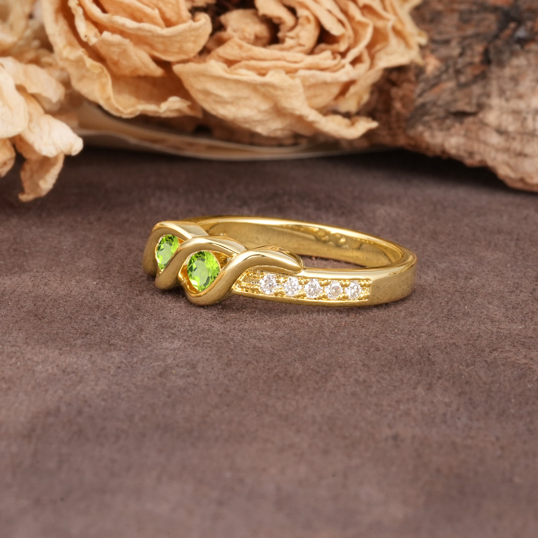 Unique Twisted and Intertwined Double Round Cut Peridot Two-Stone Wedding Ring - Additional view
