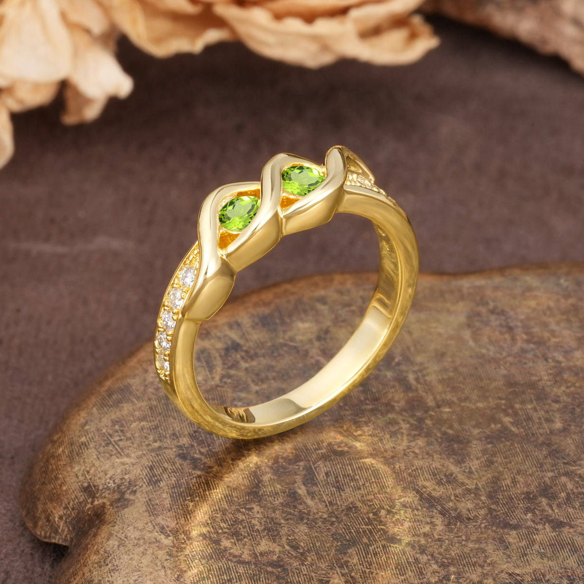 Unique Twisted and Intertwined Double Round Cut Peridot Two-Stone Wedding Ring - Additional view