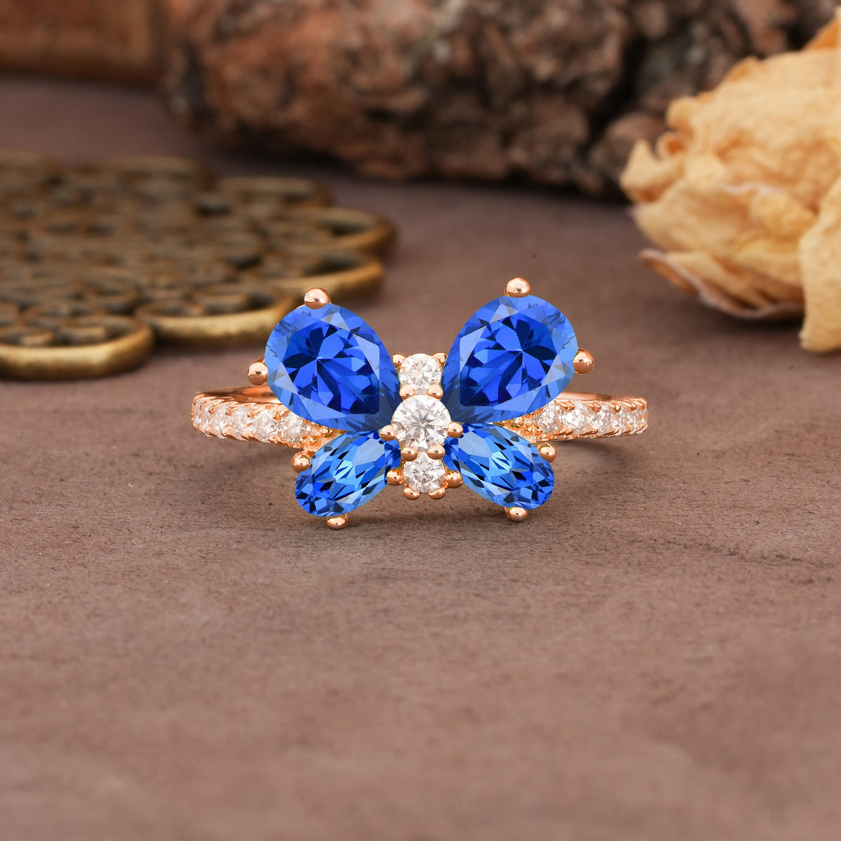 Unique and Luxurious Butterfly-Shaped Pear Cut Sapphire Wedding Ring - Additional view