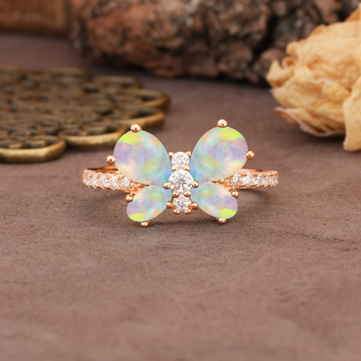 Unique and Luxurious Butterfly-Shaped Pear Cut Fire Opal Wedding Ring - Additional view