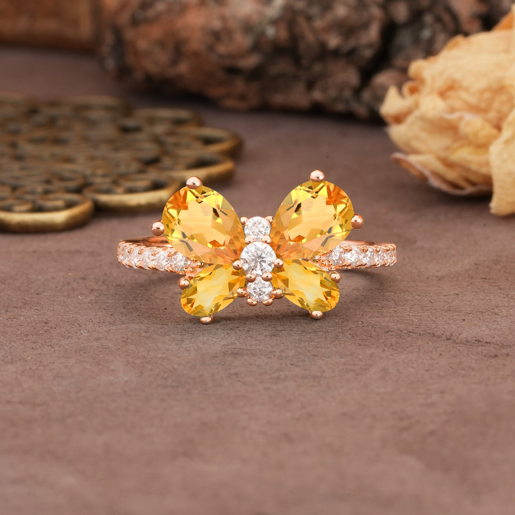 Unique and Luxurious Butterfly-Shaped Pear Cut Citrine Wedding Ring - Additional view