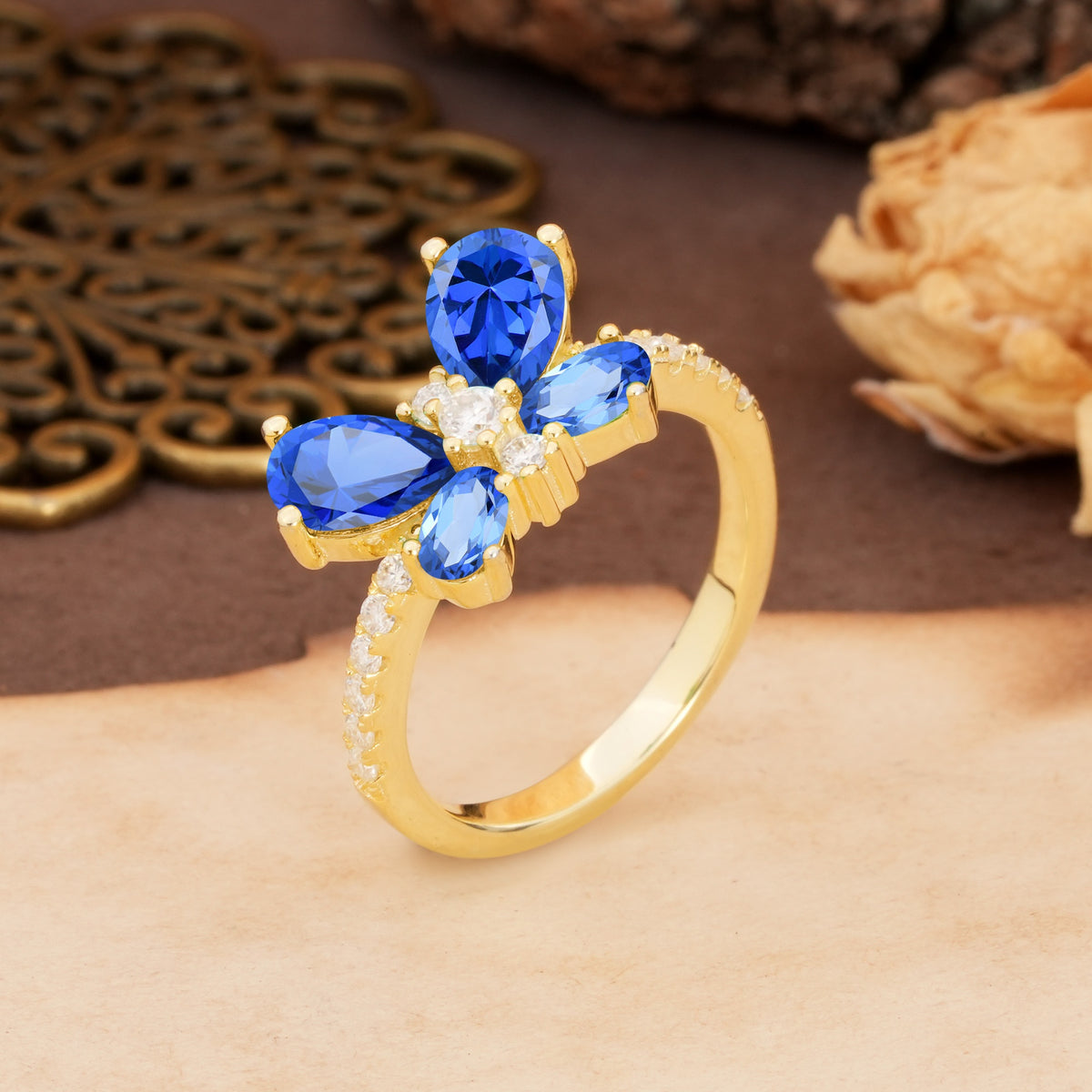 Unique and Luxurious Butterfly-Shaped Pear Cut Sapphire Wedding Ring - Additional view