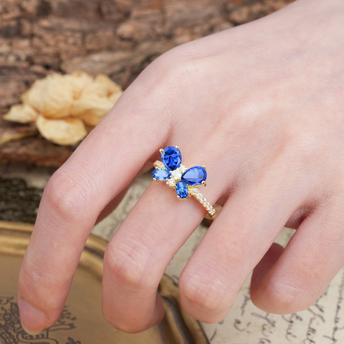 Unique and Luxurious Butterfly-Shaped Pear Cut Sapphire Wedding Ring - Additional view