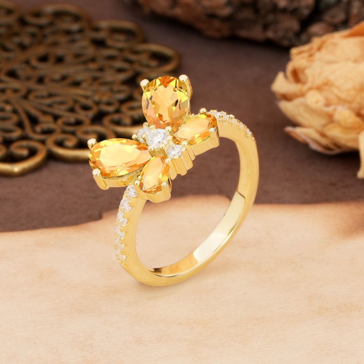 Unique and Luxurious Butterfly-Shaped Pear Cut Citrine Wedding Ring - Additional view