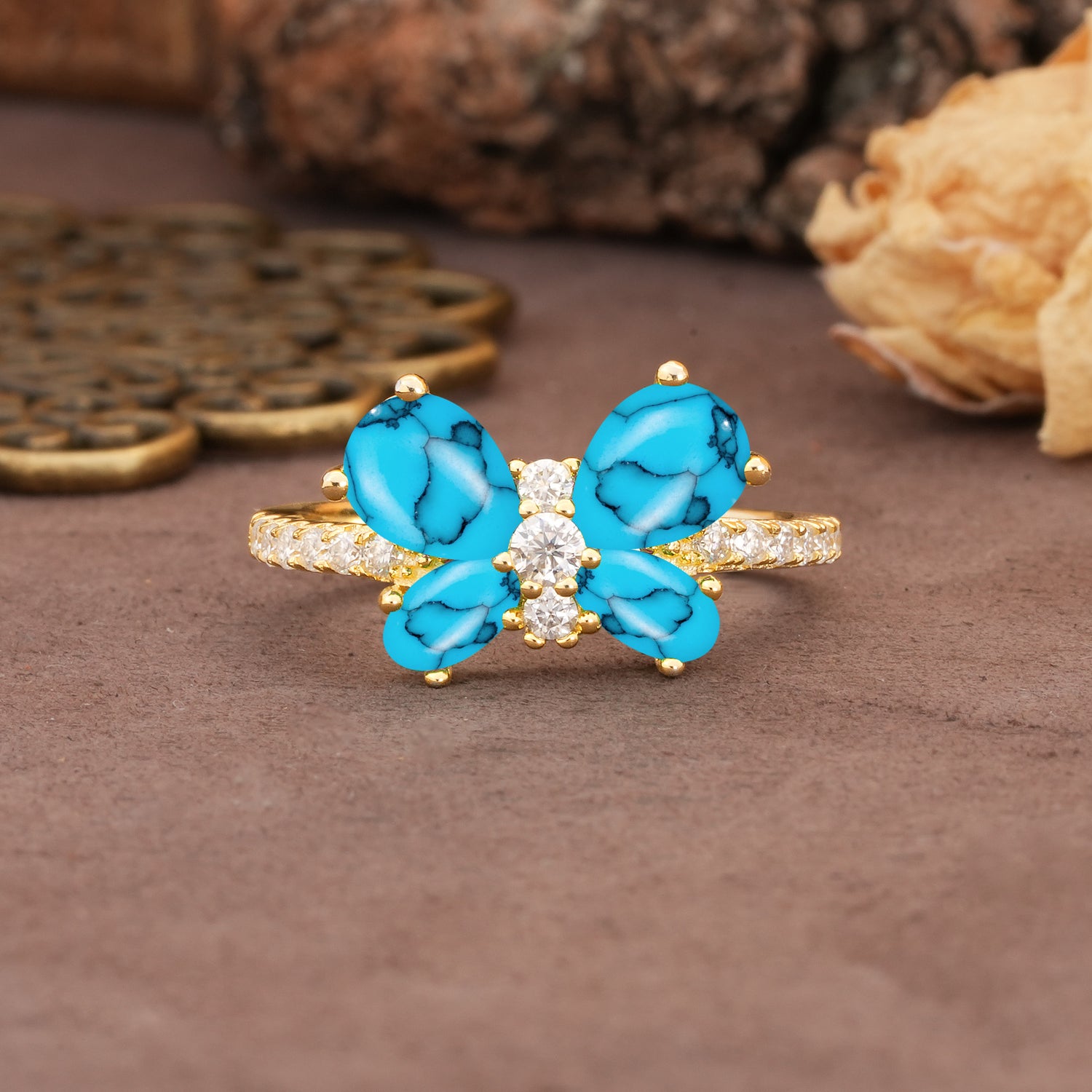 Unique and Luxurious Butterfly-Shaped Pear Cut Turquoise Wedding Ring