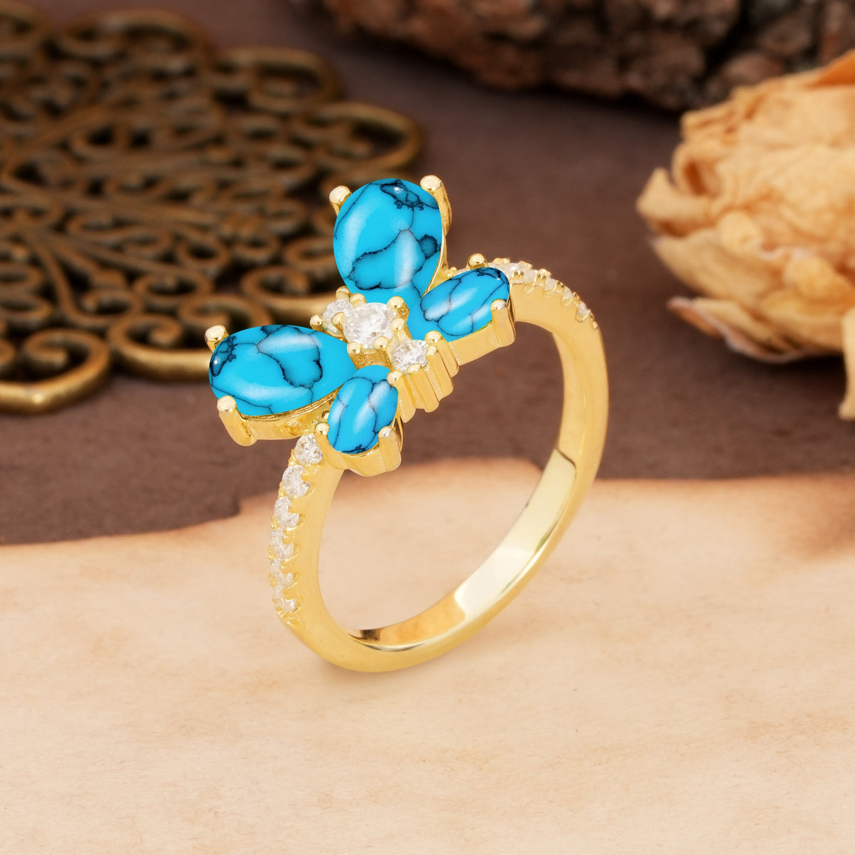Unique and Luxurious Butterfly-Shaped Pear Cut Turquoise Wedding Ring - Additional view
