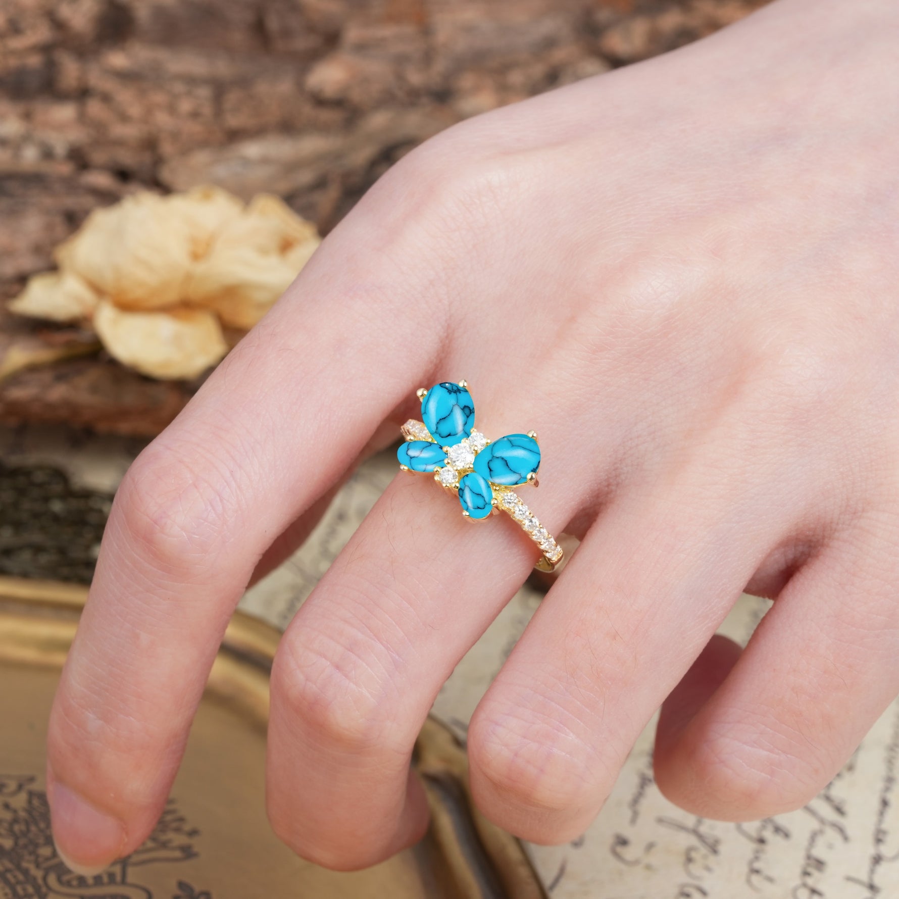 Unique and Luxurious Butterfly-Shaped Pear Cut Turquoise Wedding Ring - Additional view