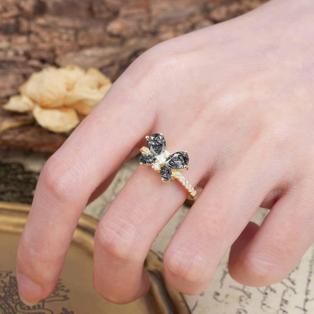 Unique and Luxurious Butterfly-Shaped Pear Cut Black Rutilated Quartz Wedding Ring - Additional view