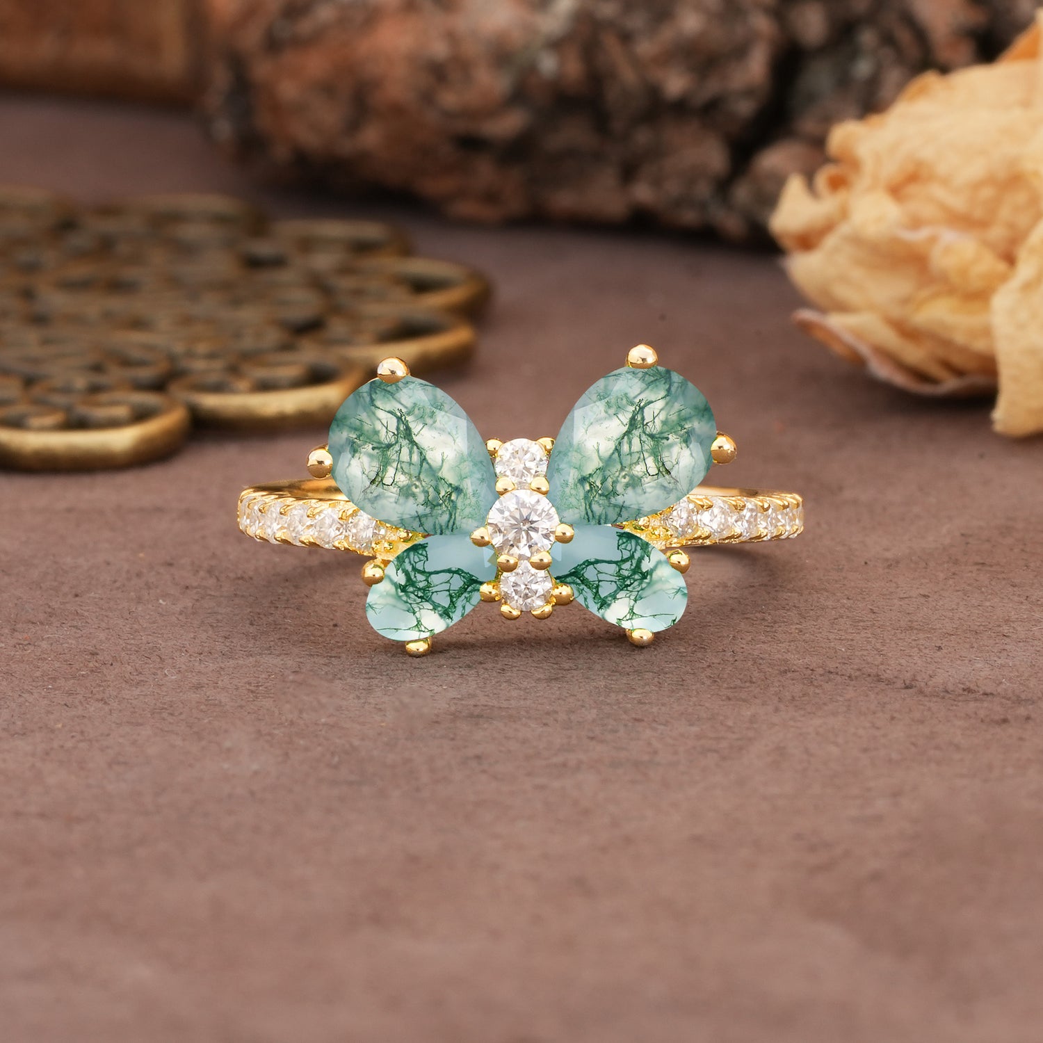 Unique and Luxurious Butterfly-Shaped Pear Cut Moss Agate Wedding Ring