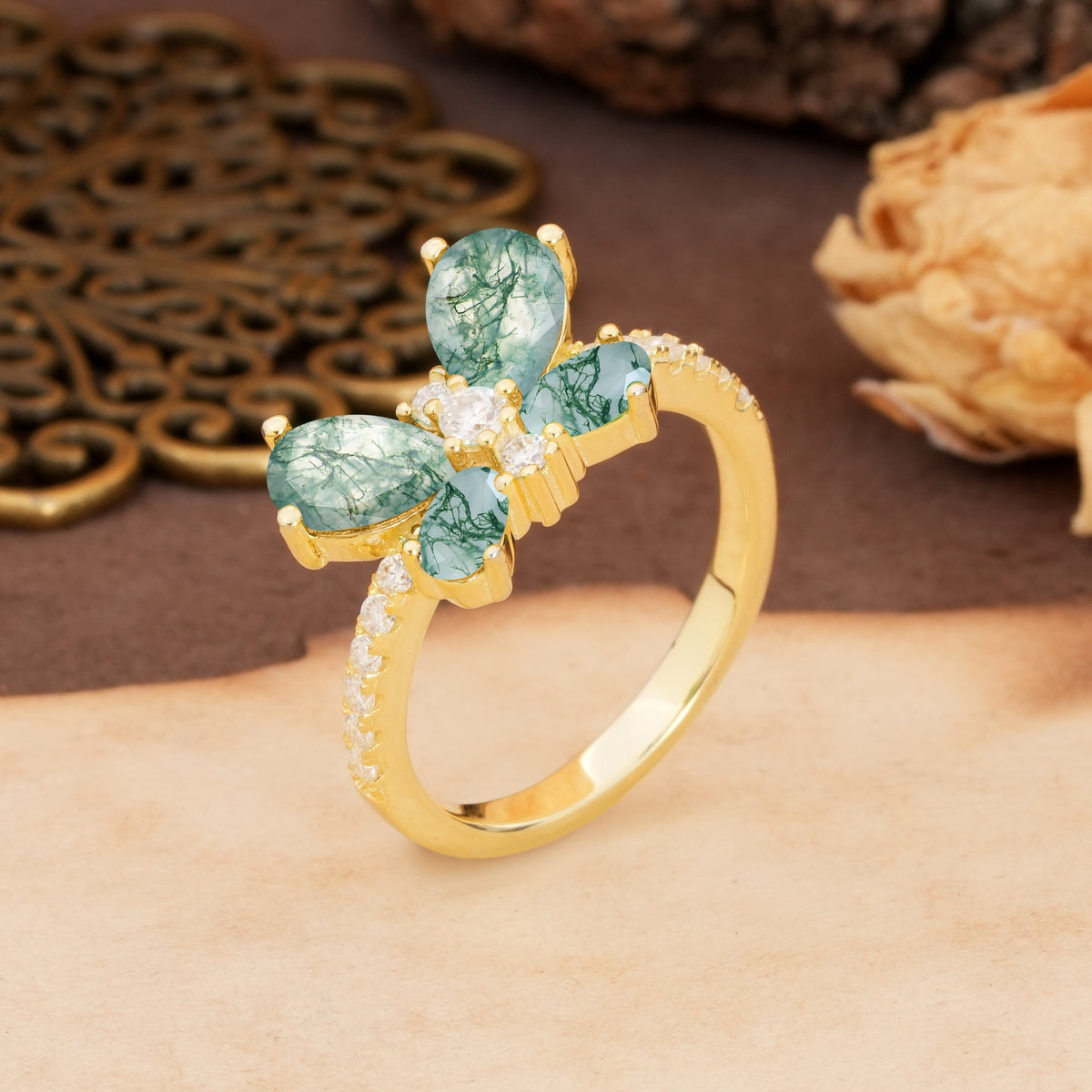 Unique and Luxurious Butterfly-Shaped Pear Cut Moss Agate Wedding Ring - Additional view