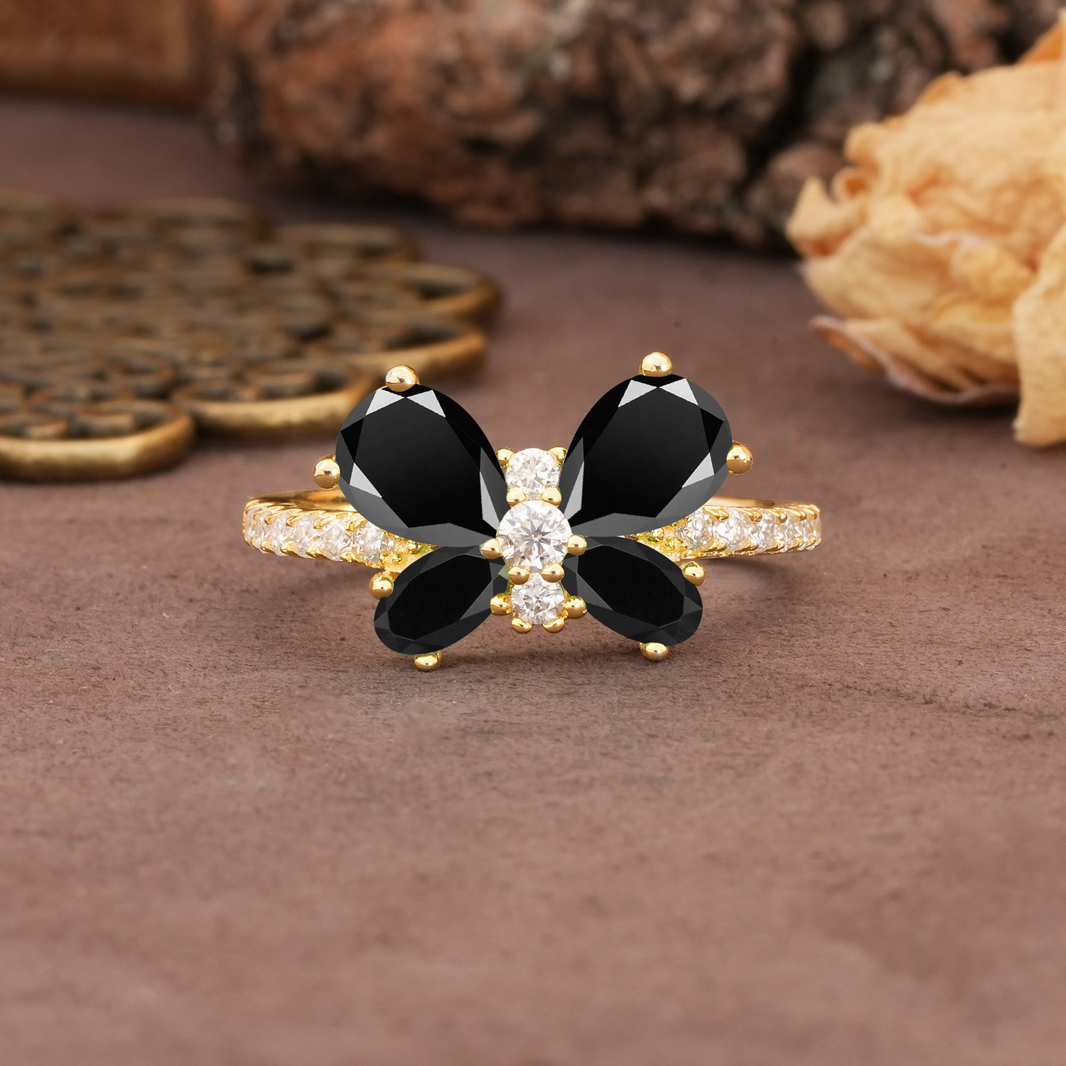 Unique and Luxurious Butterfly-Shaped Pear Cut Black Onyx Wedding Ring