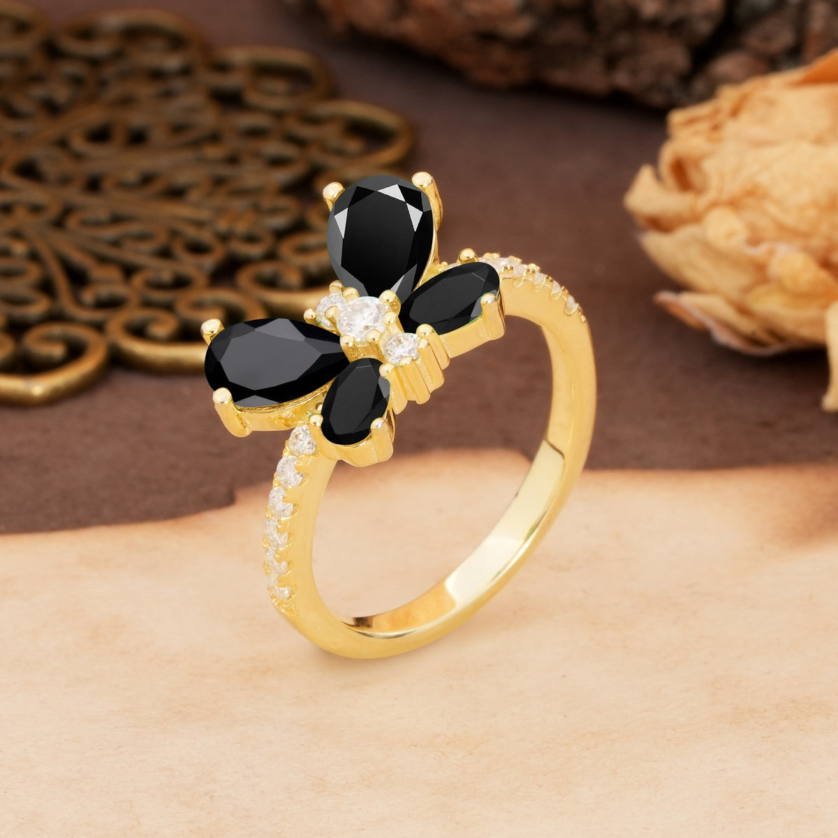 Unique and Luxurious Butterfly-Shaped Pear Cut Black Onyx Wedding Ring - Additional view