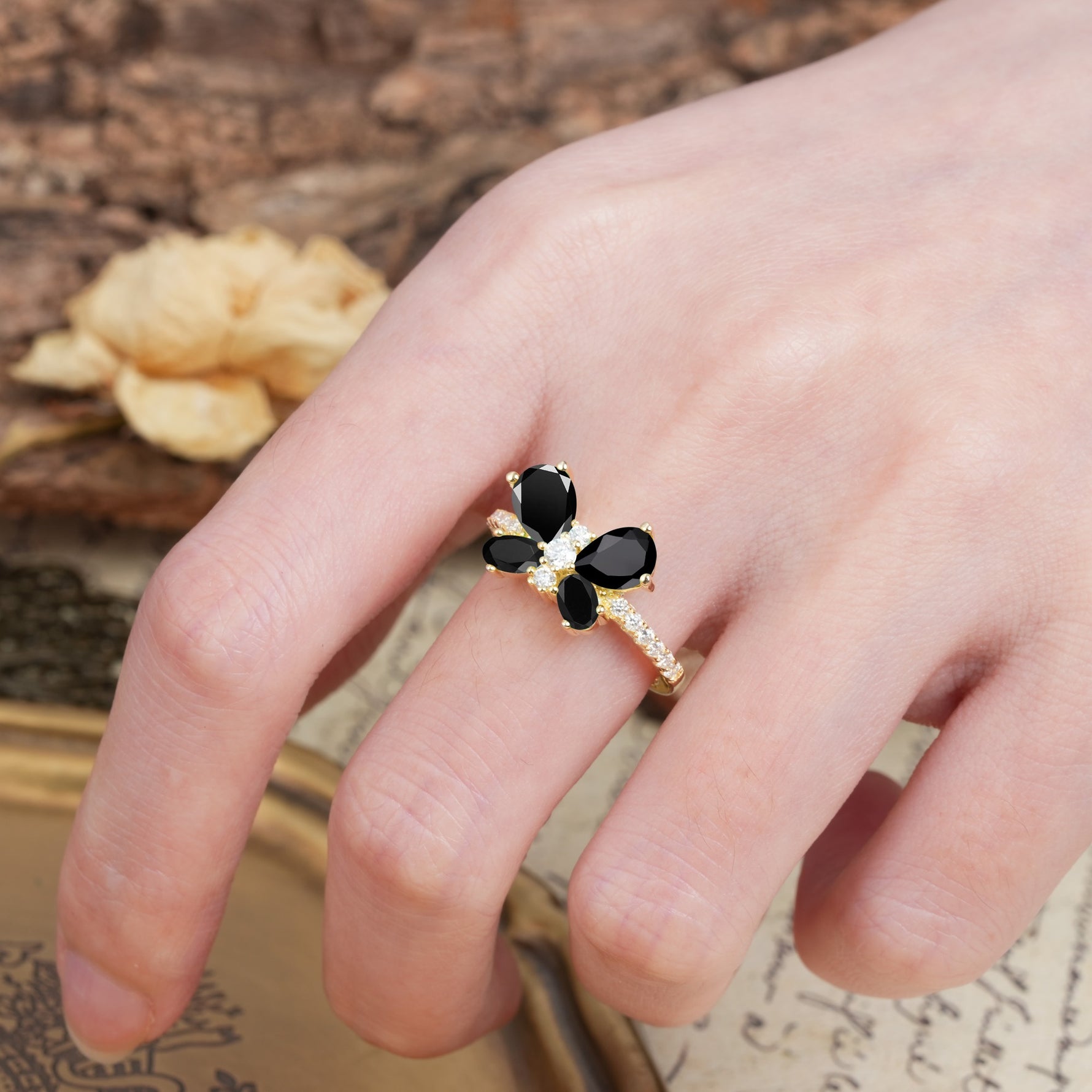 Unique and Luxurious Butterfly-Shaped Pear Cut Black Onyx Wedding Ring - Additional view