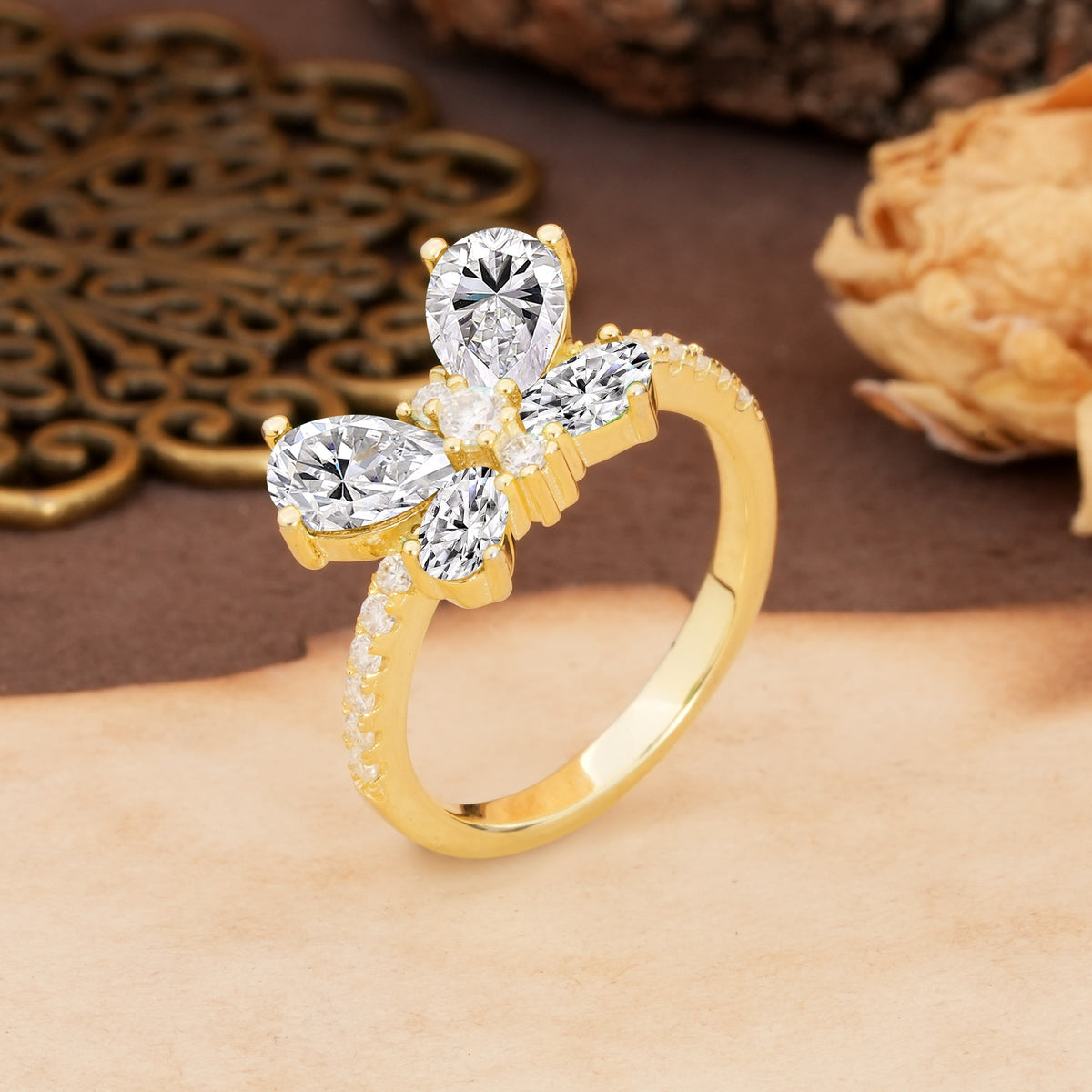 Unique and Luxurious Butterfly-Shaped Pear Cut Lab Diamond Wedding Ring - Additional view