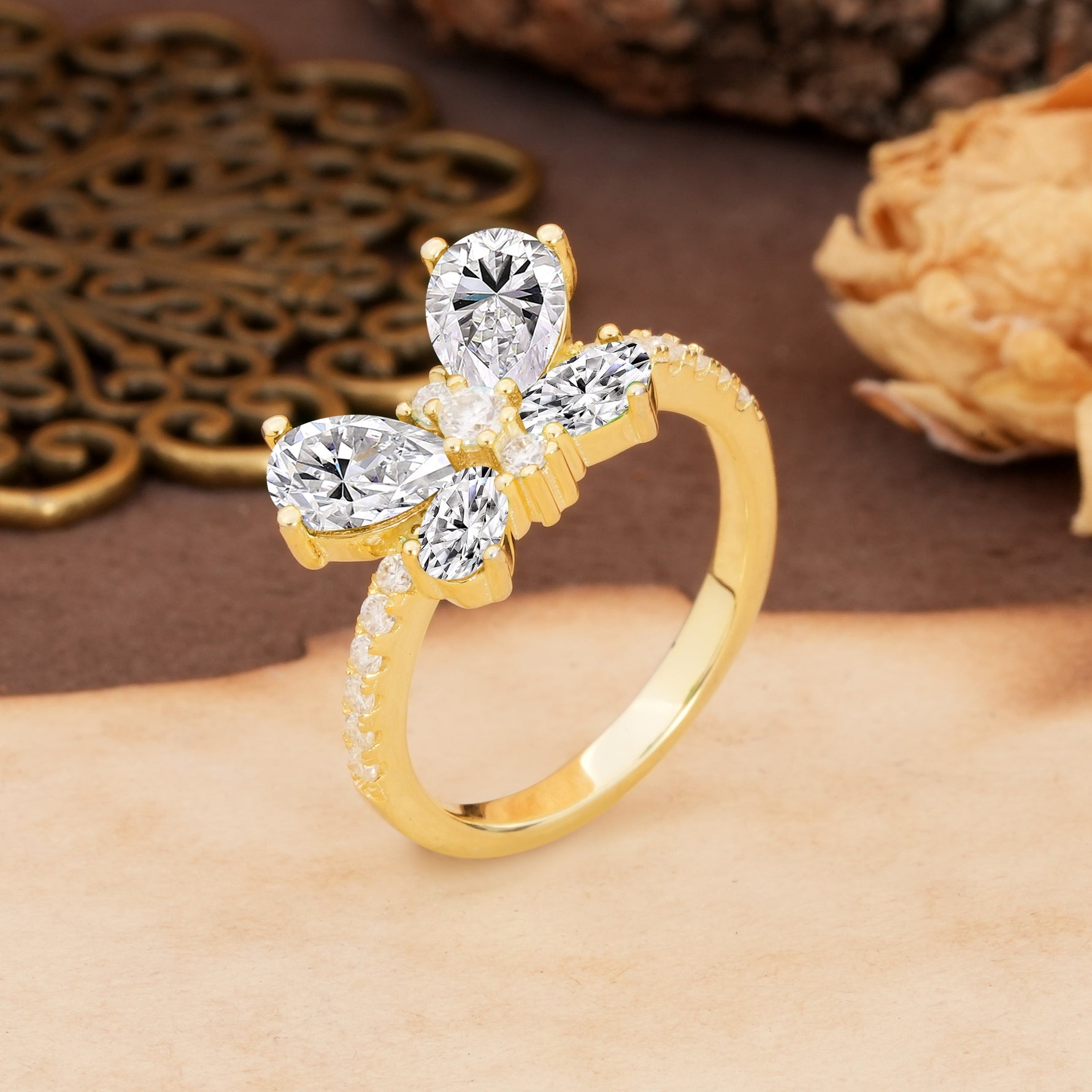 Unique and Luxurious Butterfly-Shaped Pear Cut Lab Diamond Wedding Ring - Additional view