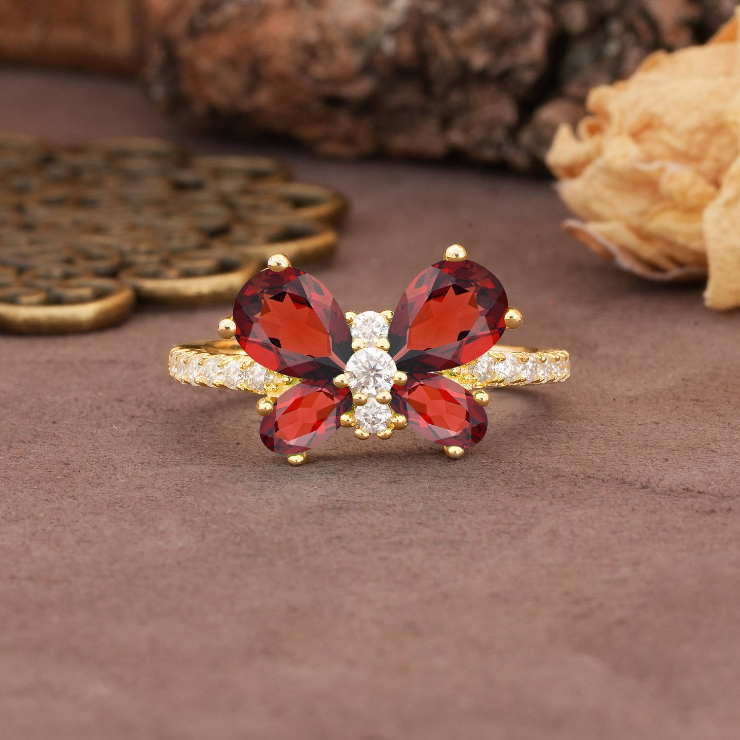 Unique and Luxurious Butterfly-Shaped Pear Cut Garnet Wedding Ring