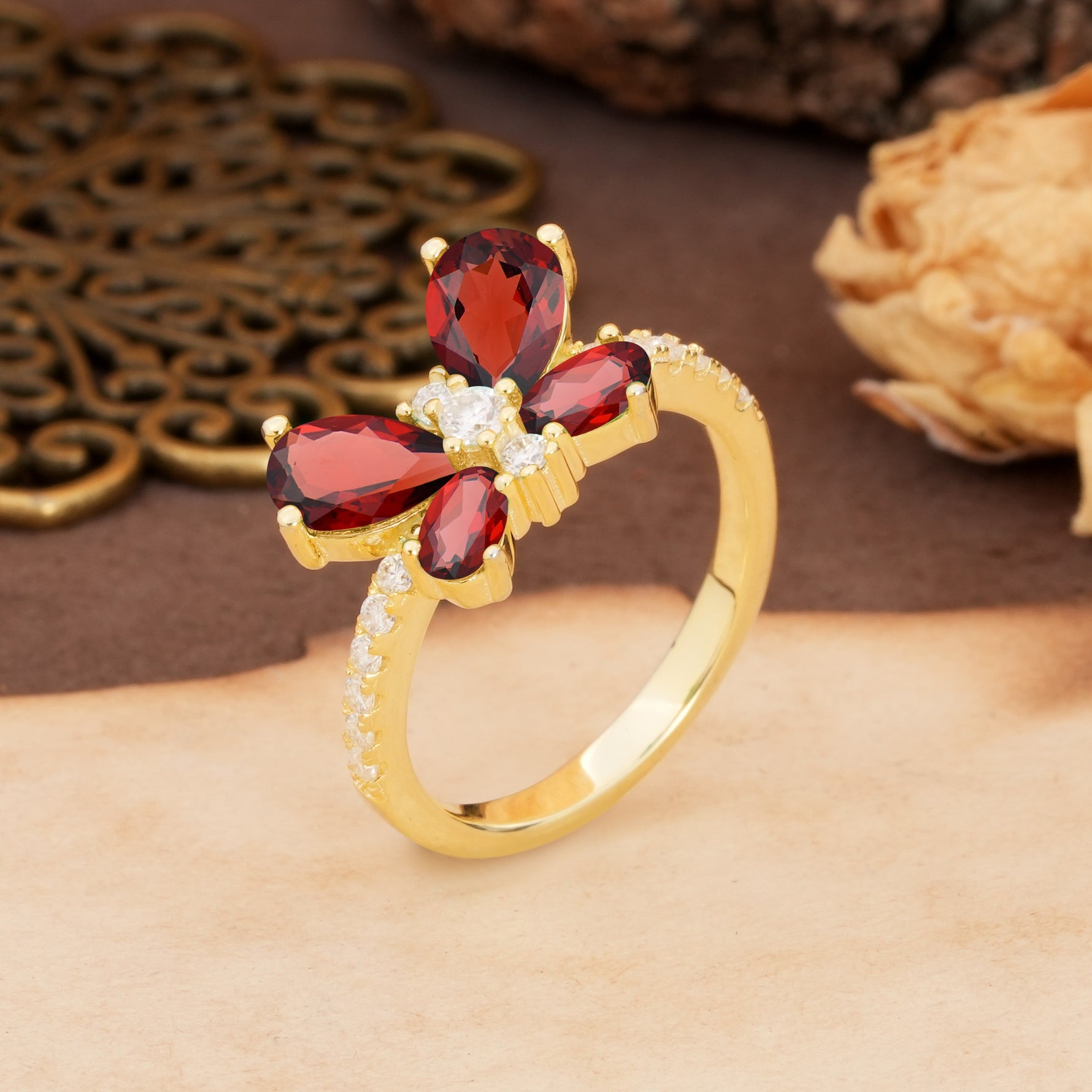 Unique and Luxurious Butterfly-Shaped Pear Cut Garnet Wedding Ring - Additional view