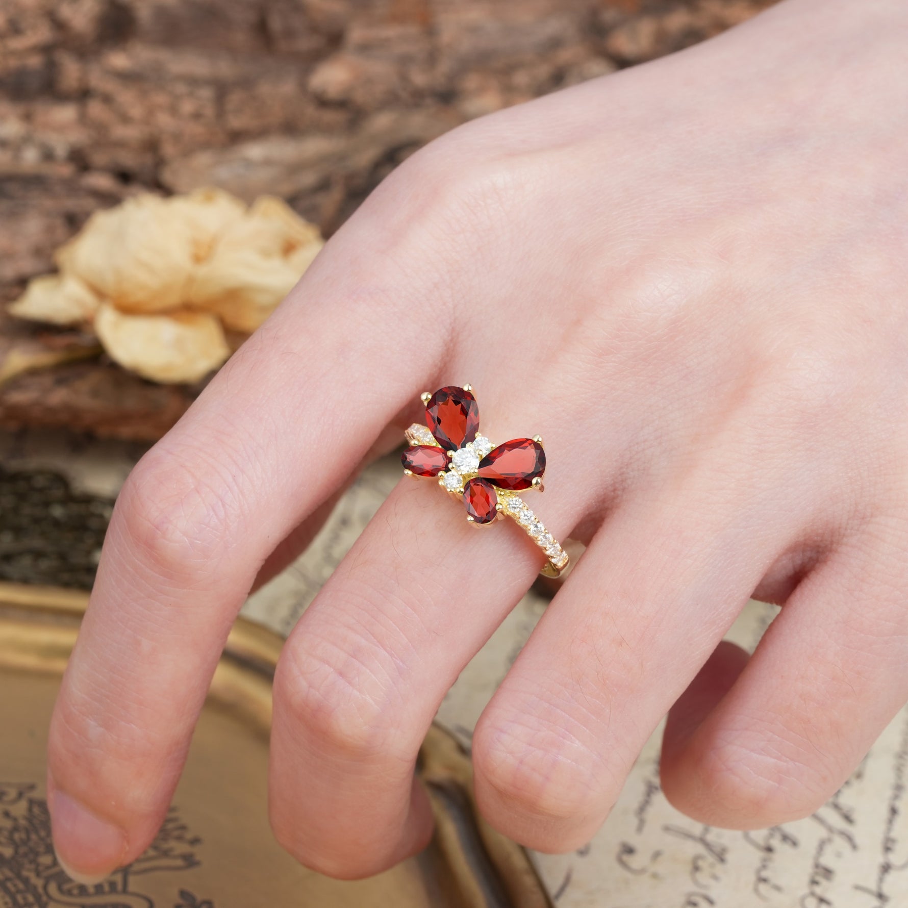 Unique and Luxurious Butterfly-Shaped Pear Cut Garnet Wedding Ring - Additional view