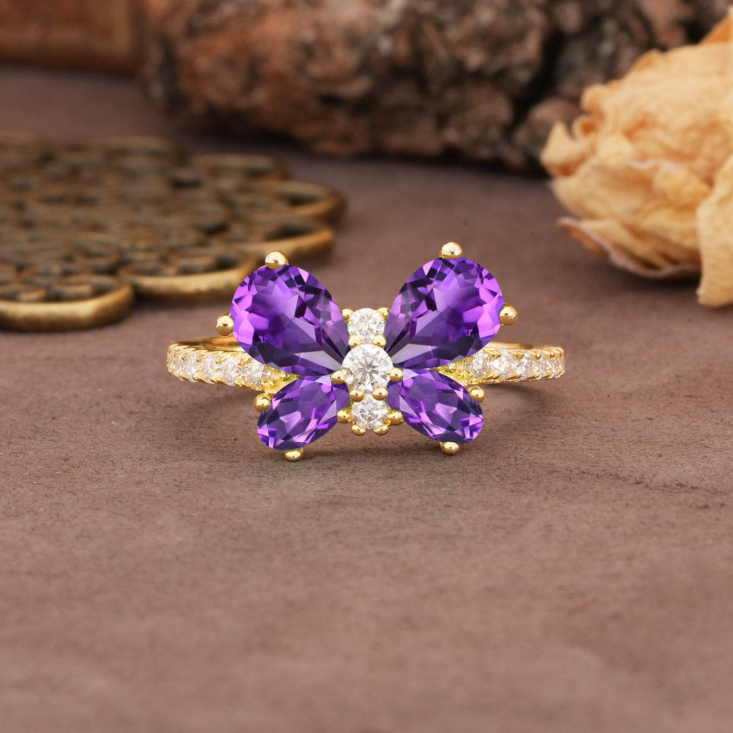 Unique and Luxurious Butterfly-Shaped Pear Cut Amethyst Wedding Ring
