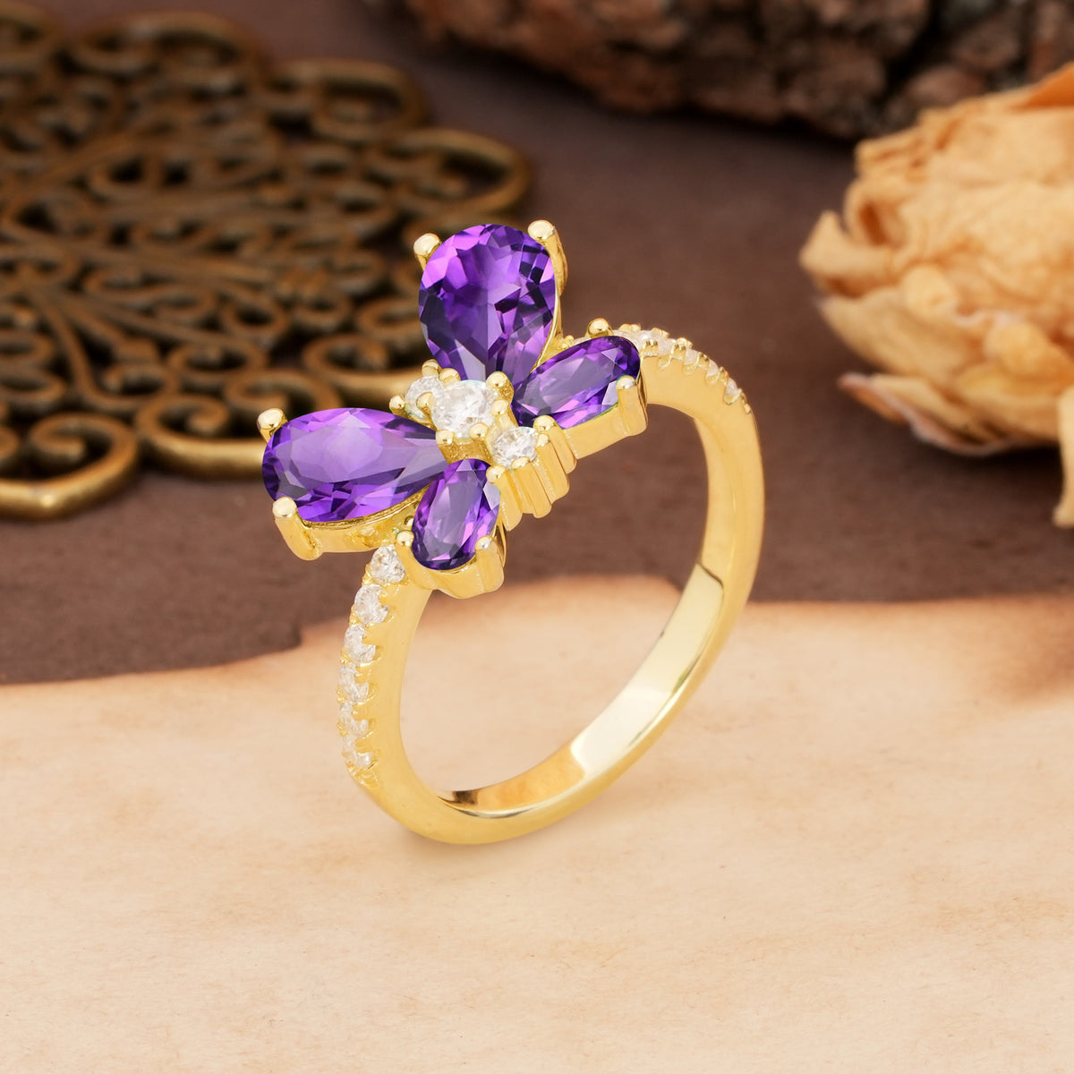 Unique and Luxurious Butterfly-Shaped Pear Cut Amethyst Wedding Ring - Additional view