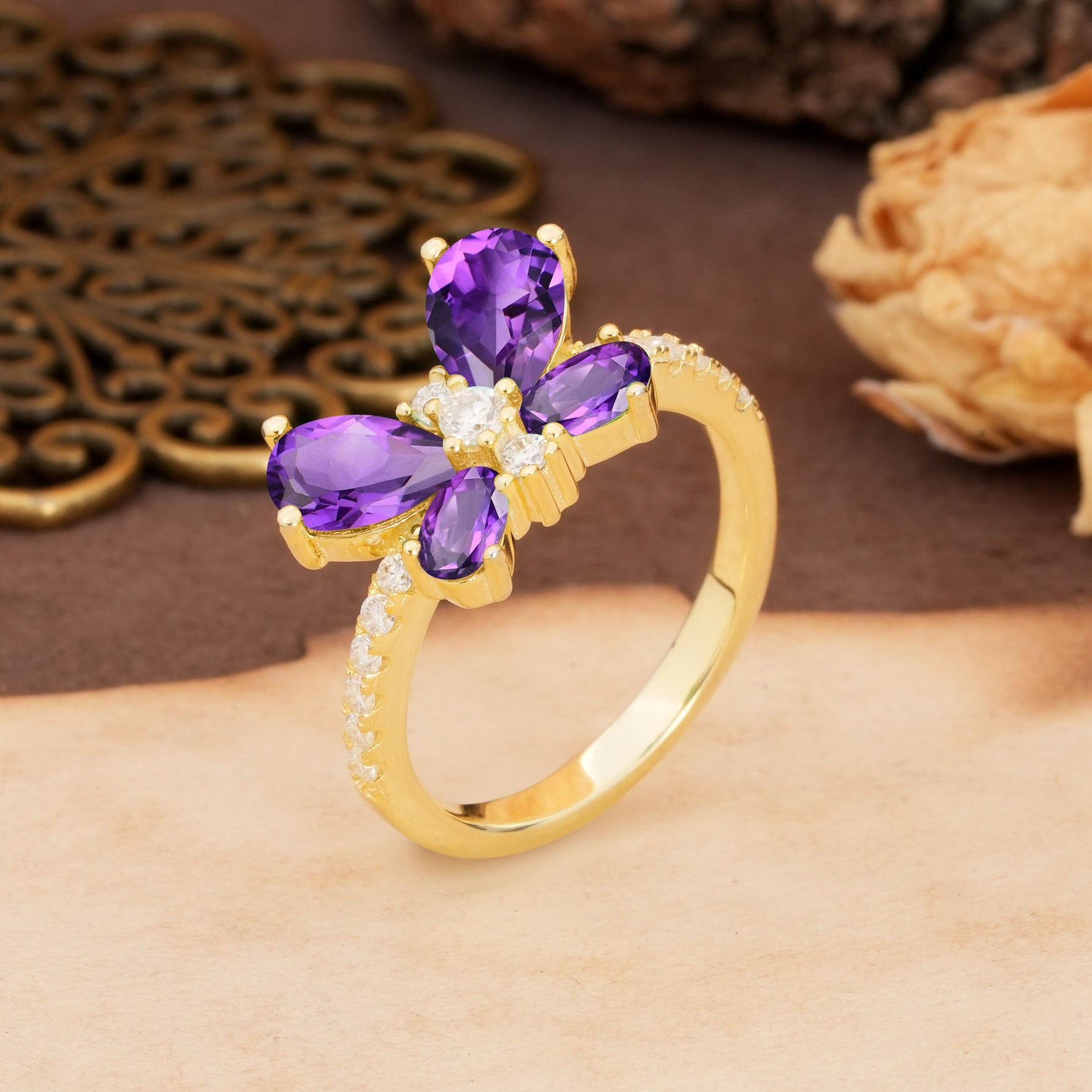 Unique and Luxurious Butterfly-Shaped Pear Cut Amethyst Wedding Ring - Additional view