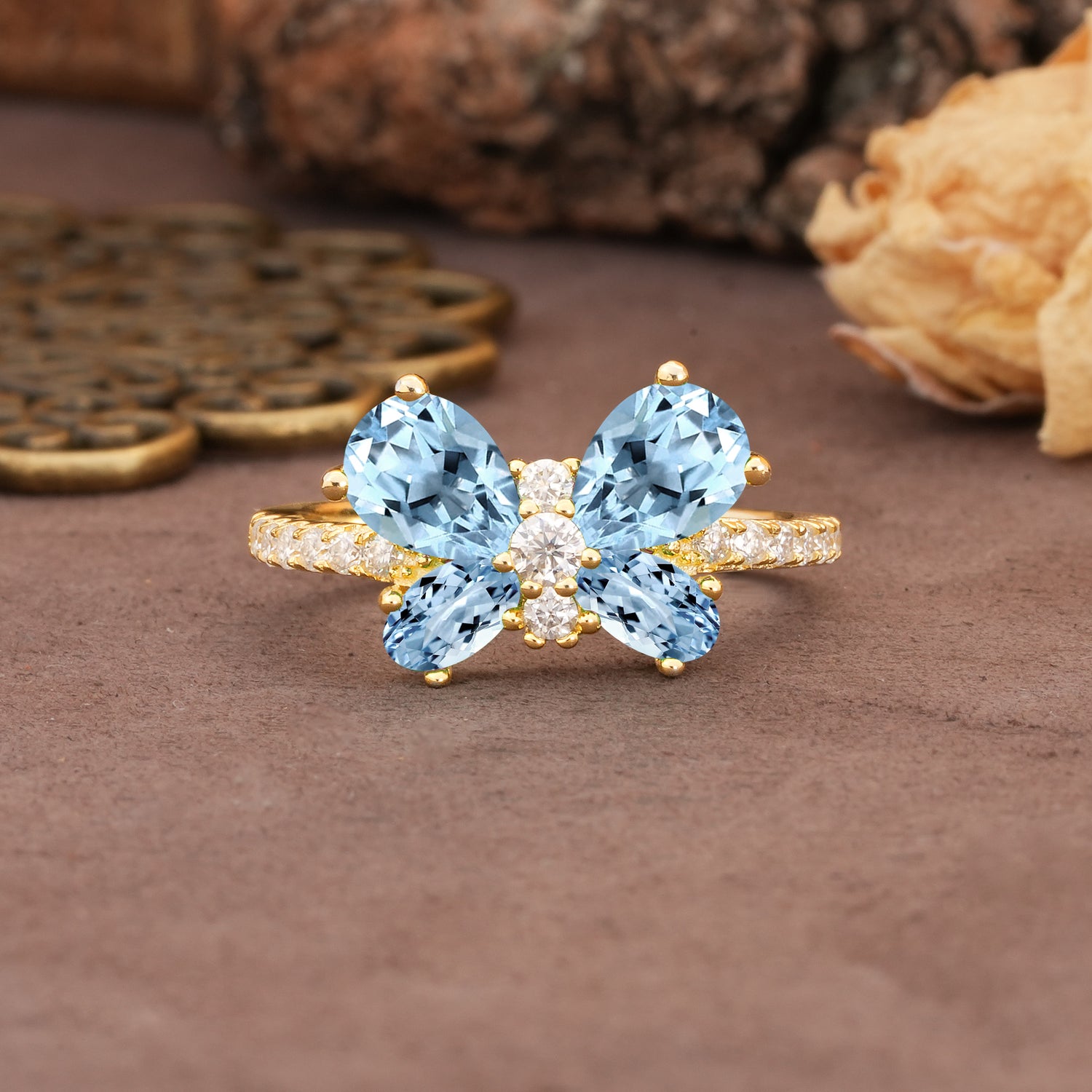 Unique and Luxurious Butterfly-Shaped Pear Cut Aquamarine Wedding Ring