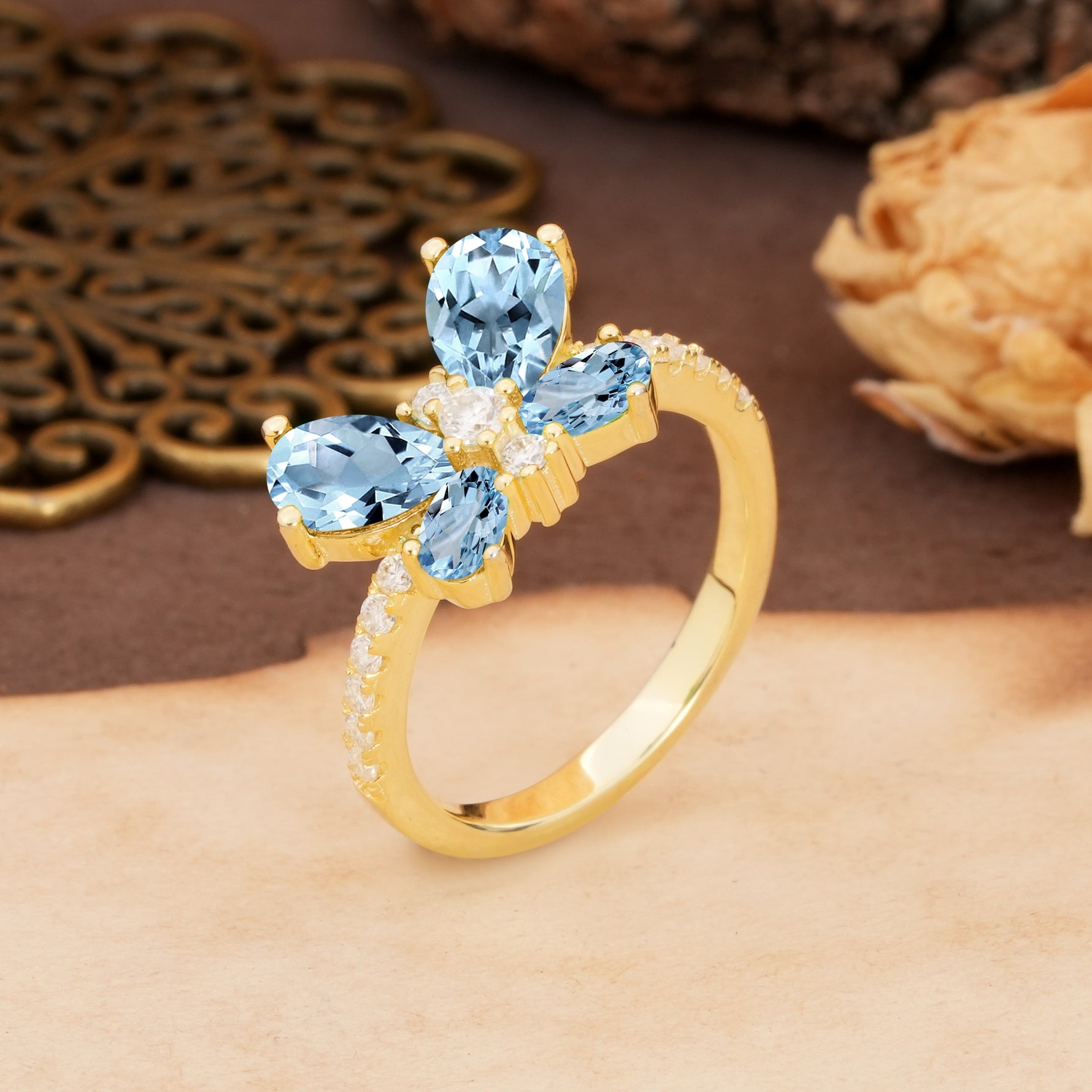 Unique and Luxurious Butterfly-Shaped Pear Cut Aquamarine Wedding Ring - Additional view