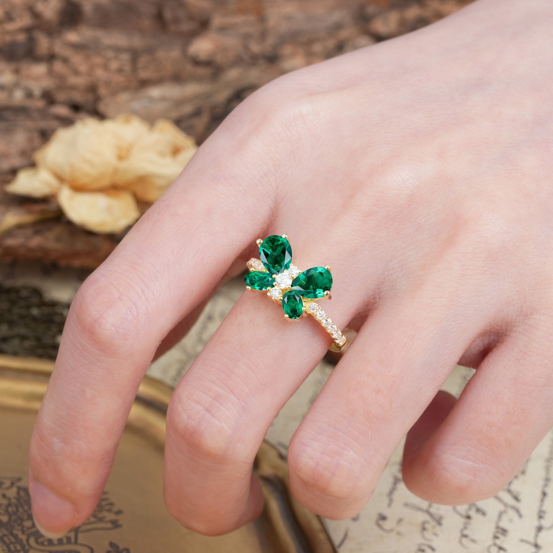 Unique and Luxurious Butterfly-Shaped Pear Cut Emerald Wedding Ring - Additional view