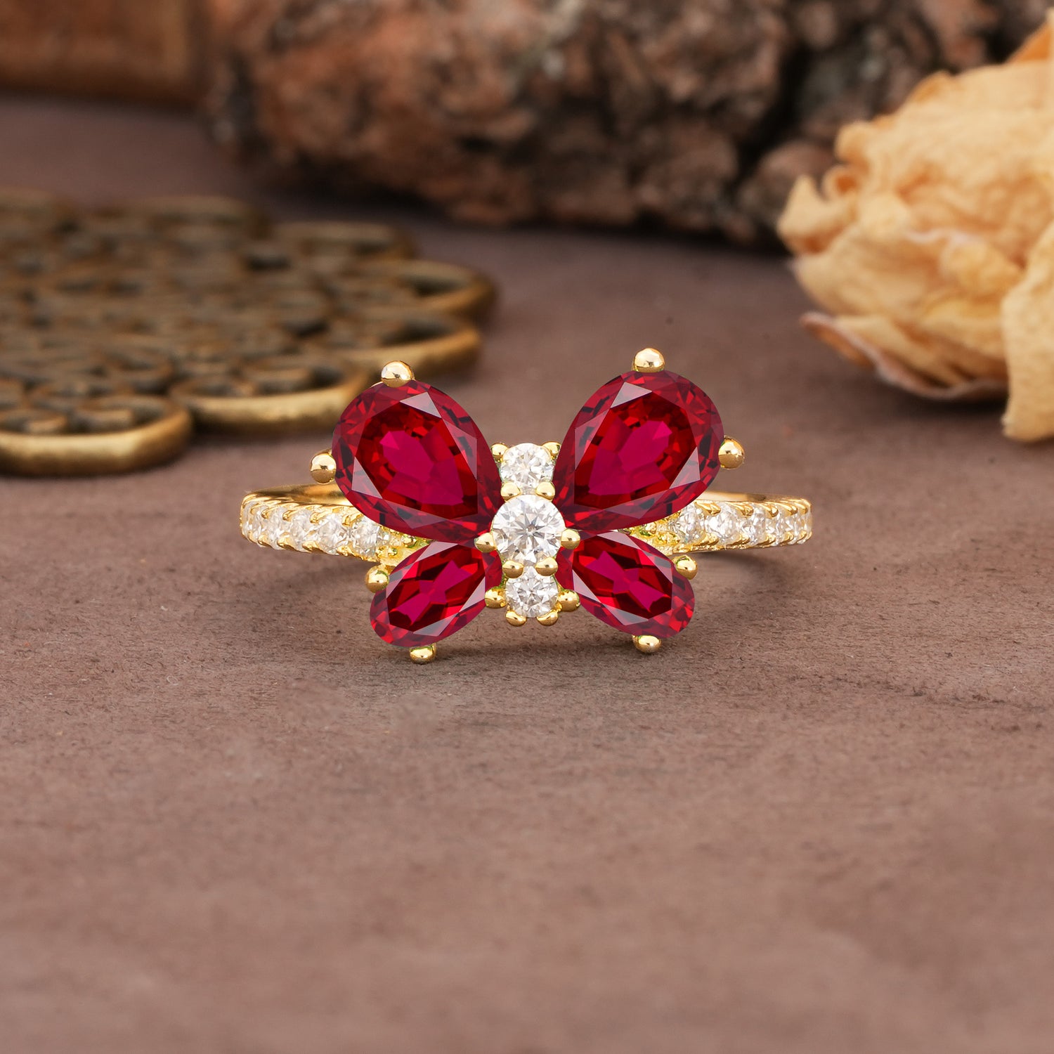 Unique and Luxurious Butterfly-Shaped Pear Cut Ruby Wedding Ring