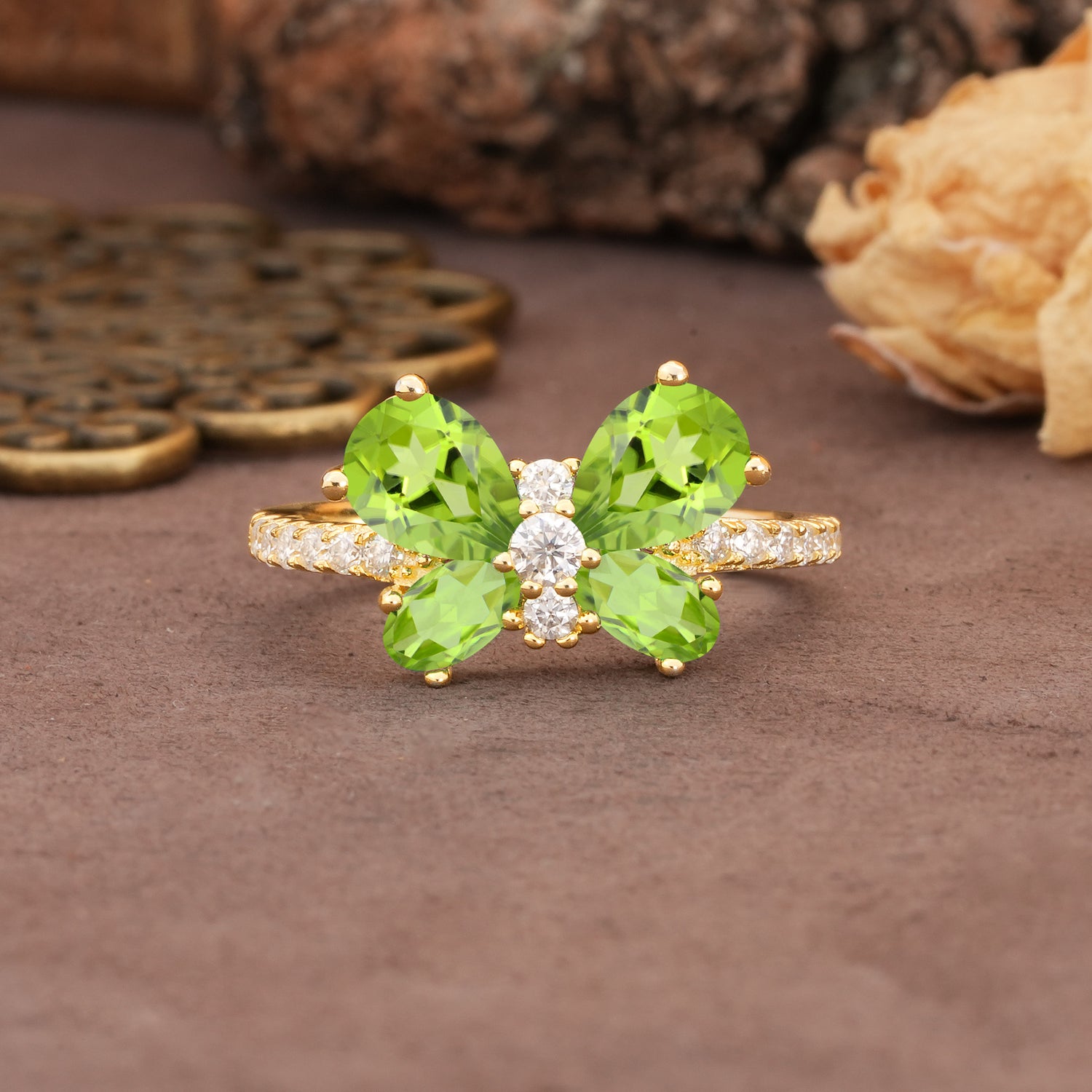 Unique and Luxurious Butterfly-Shaped Pear Cut Peridot Wedding Ring