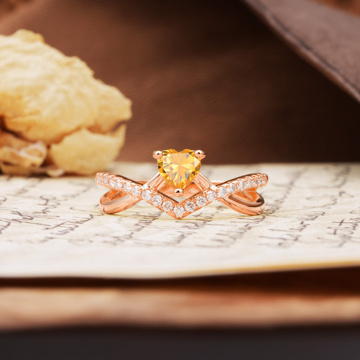 Unique Luxurious 3-Prong Heart-Cut Citrine Engagement Ring - Additional view