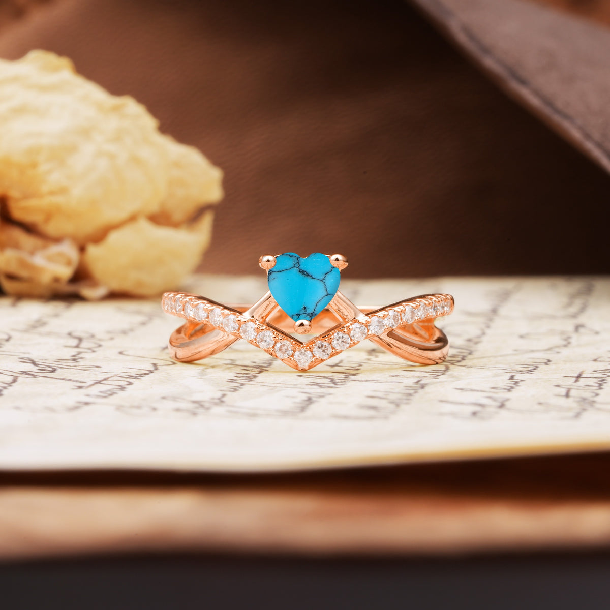 Unique Luxurious 3-Prong Heart-Cut Turquoise Engagement Ring - Additional view