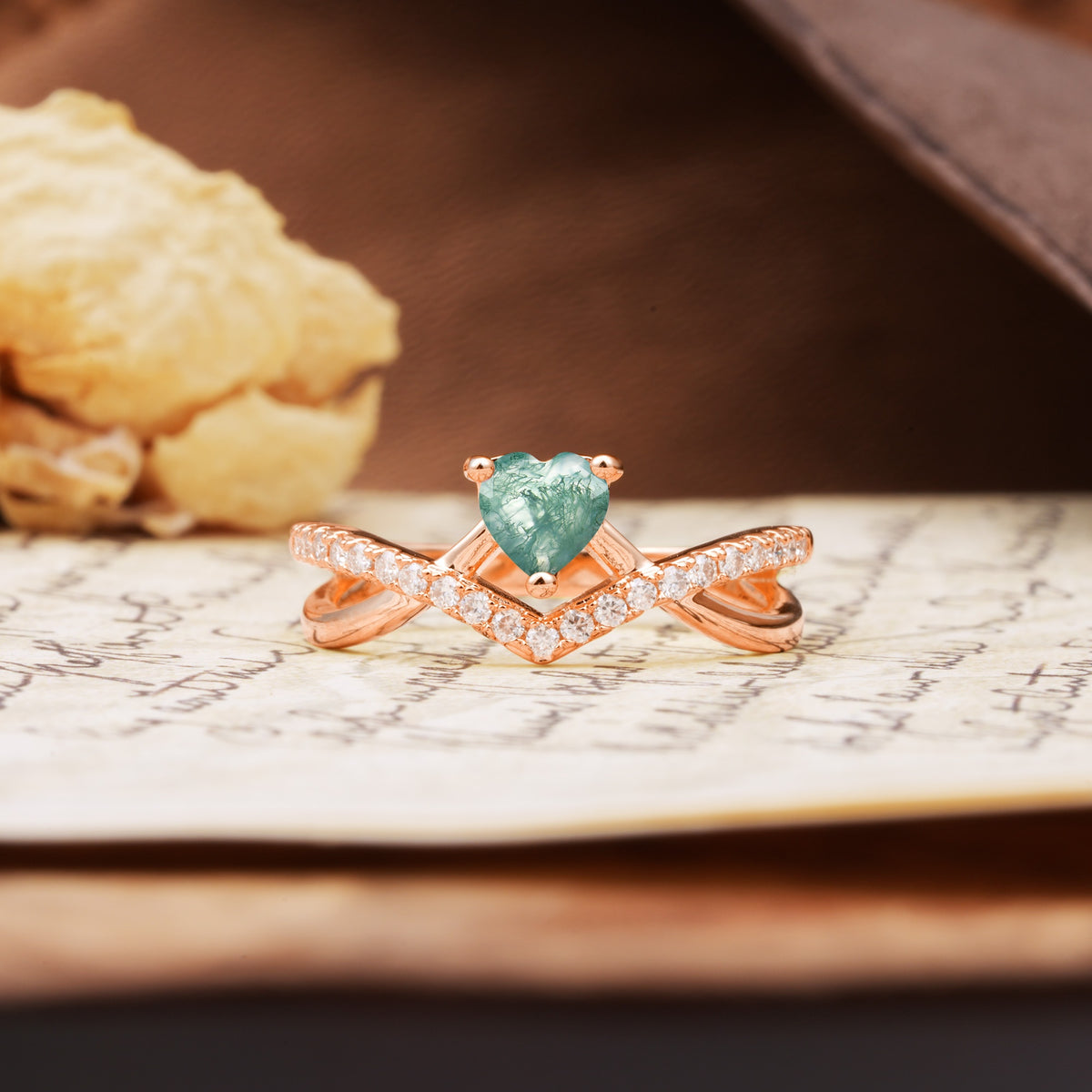 Unique Luxurious 3-Prong Heart-Cut Moss Agate Engagement Ring - Additional view