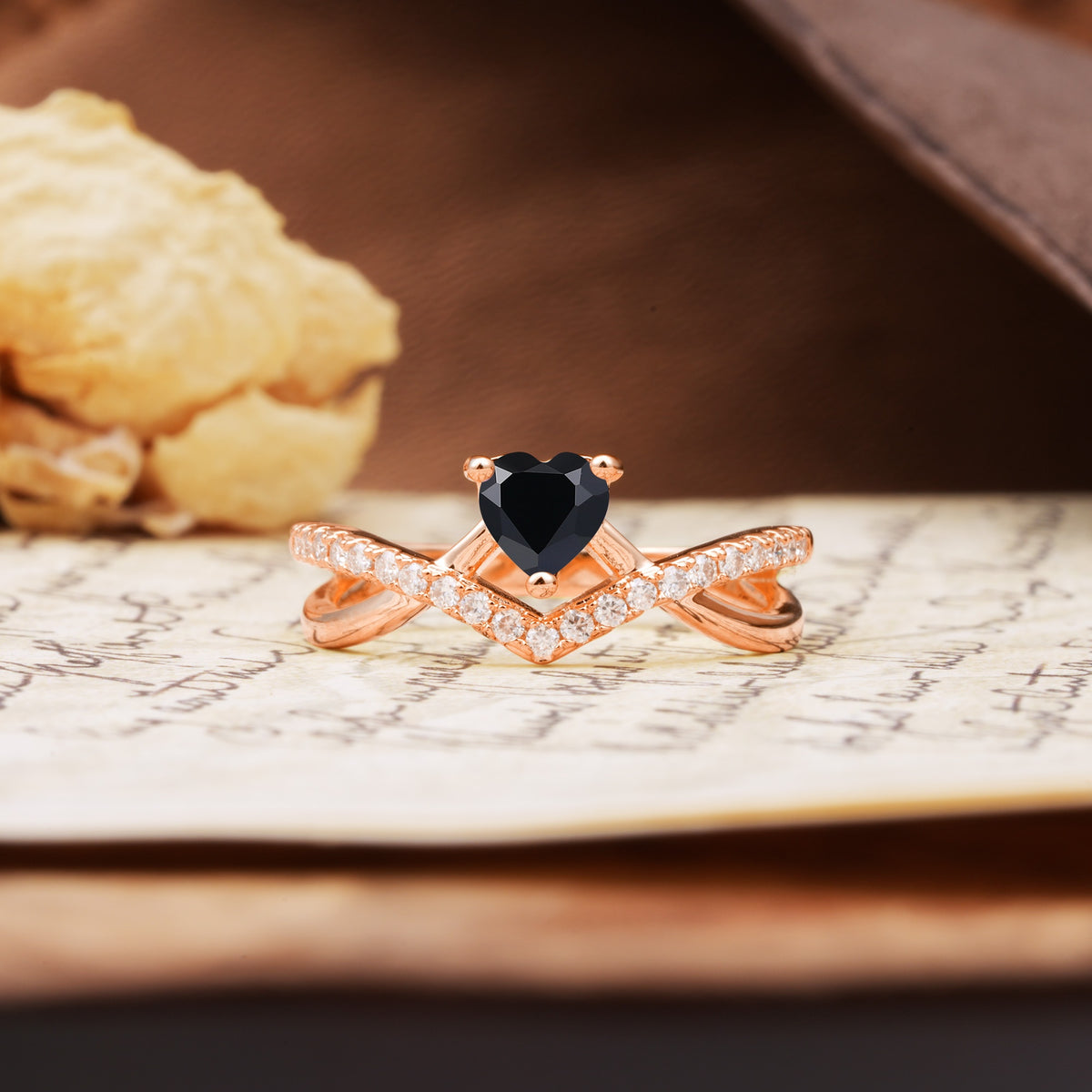 Unique Luxurious 3-Prong Heart-Cut Black Onyx Engagement Ring - Additional view