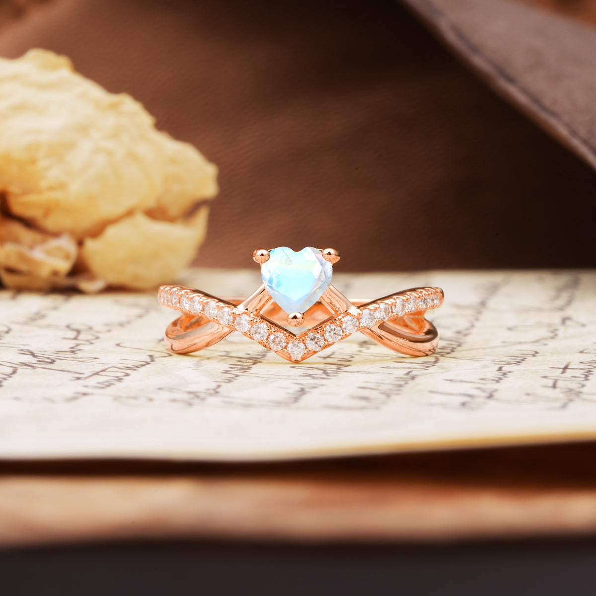 Unique Luxurious 3-Prong Heart-Cut Moonstone Engagement Ring - Additional view