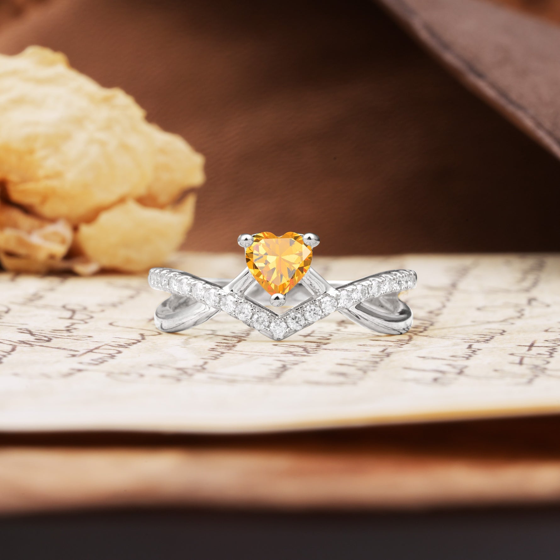 Unique Luxurious 3-Prong Heart-Cut Citrine Engagement Ring - Additional view