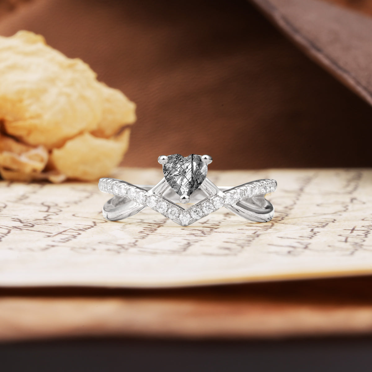 Unique Luxurious 3-Prong Heart-Cut Black Rutilated Quartz Engagement Ring - Additional view