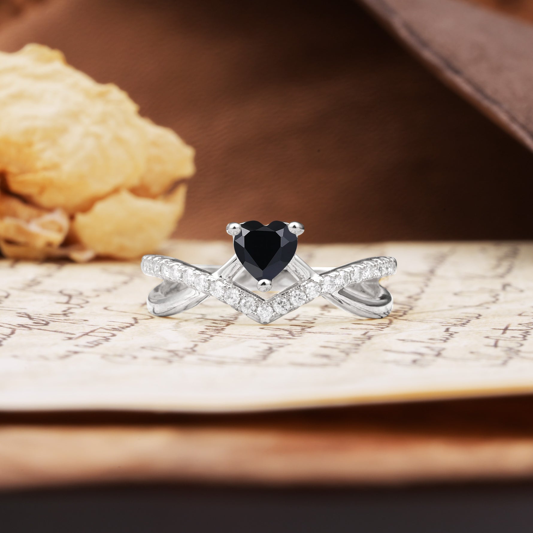 Unique Luxurious 3-Prong Heart-Cut Black Onyx Engagement Ring - Additional view