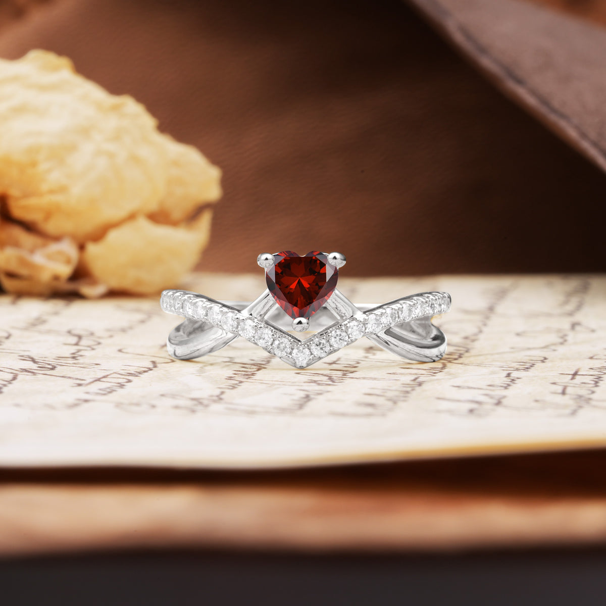 Unique Luxurious 3-Prong Heart-Cut Garnet Engagement Ring - Additional view