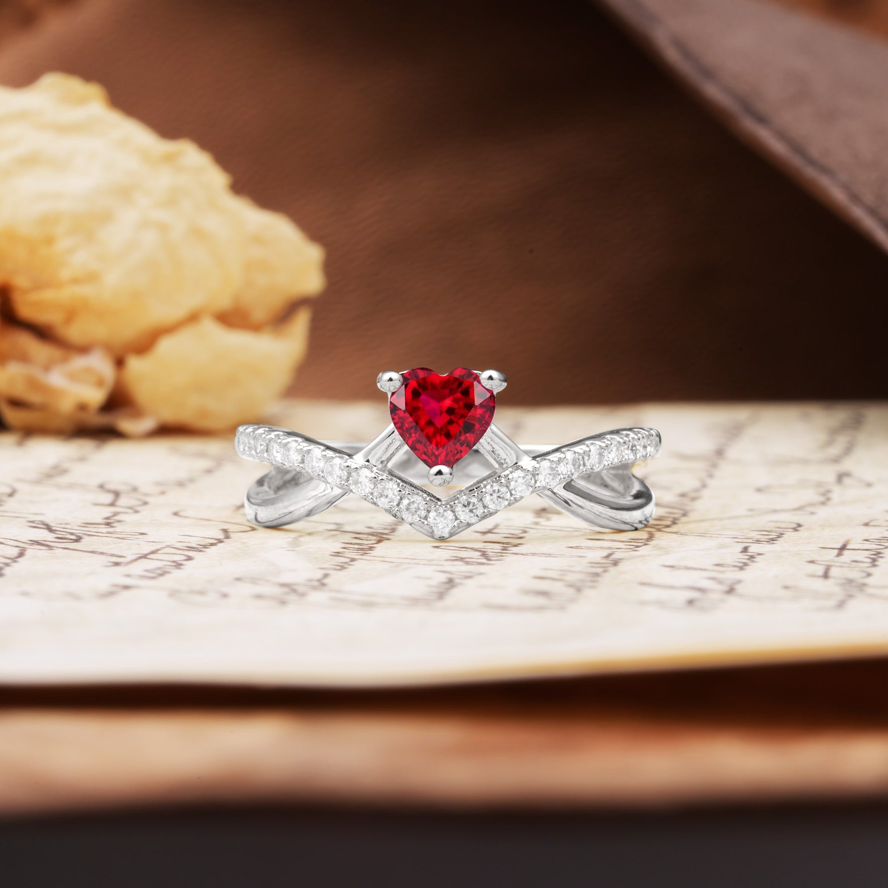 Unique Luxurious 3-Prong Heart-Cut Ruby Engagement Ring - Additional view