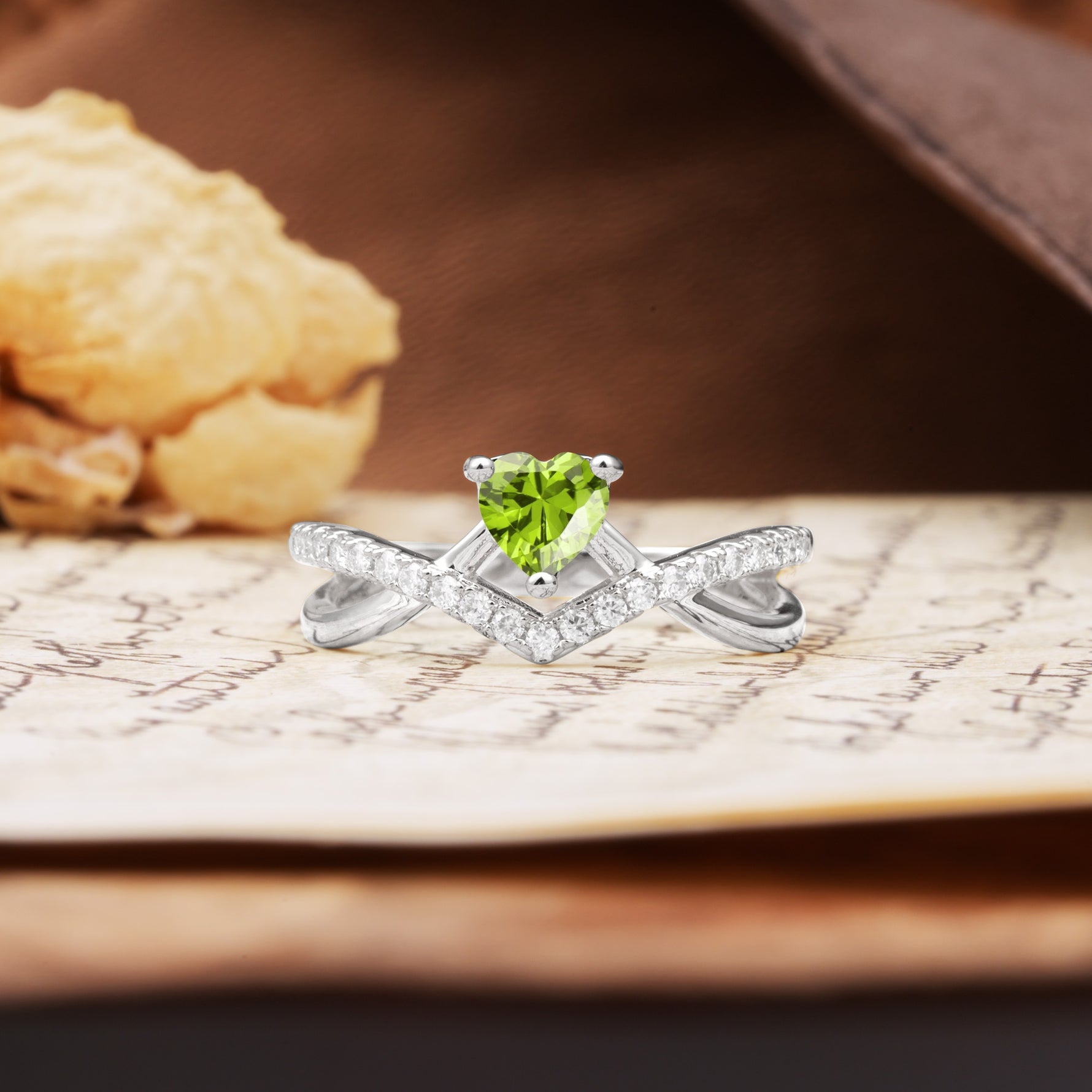 Unique Luxurious 3-Prong Heart-Cut Peridot Engagement Ring - Additional view
