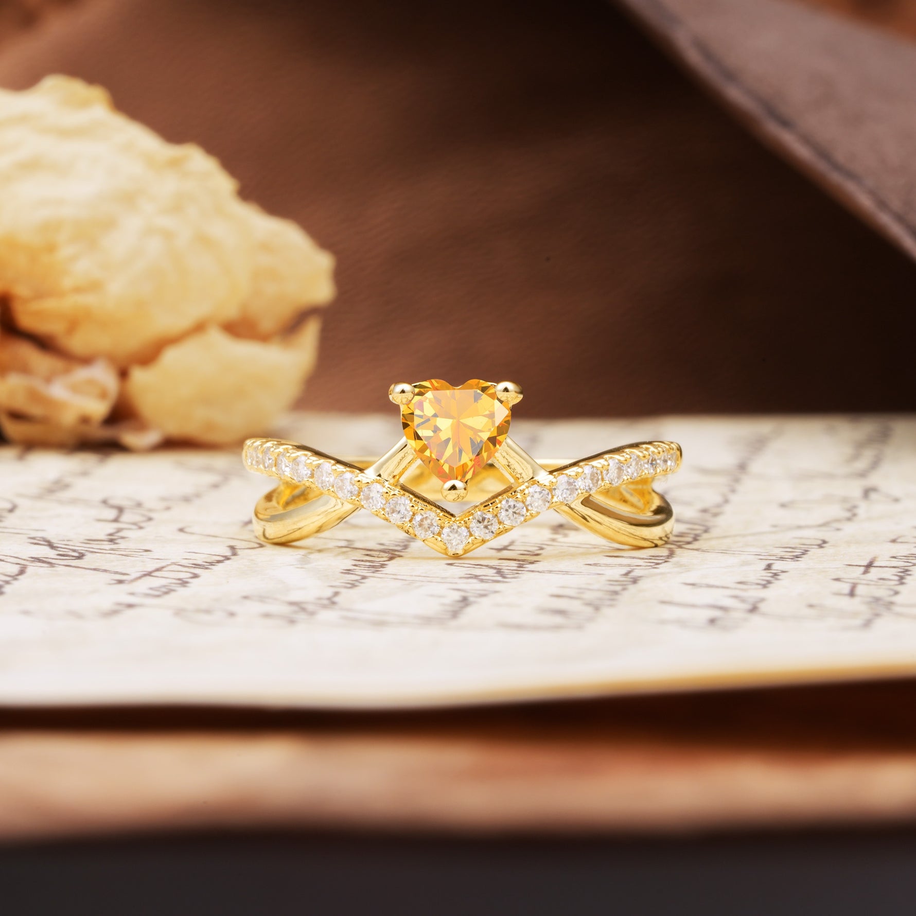 Unique Luxurious 3-Prong Heart-Cut Citrine Engagement Ring - Additional view