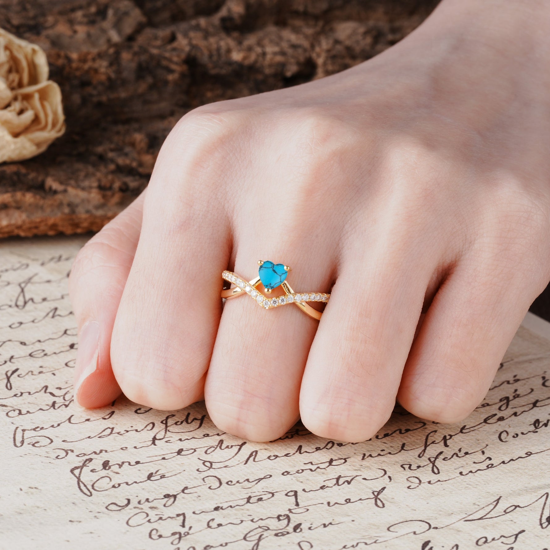 Unique Luxurious 3-Prong Heart-Cut Turquoise Engagement Ring - Additional view