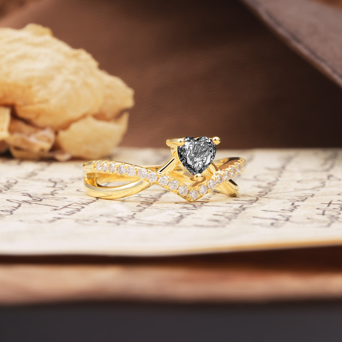 Unique Luxurious 3-Prong Heart-Cut Black Rutilated Quartz Engagement Ring - Additional view