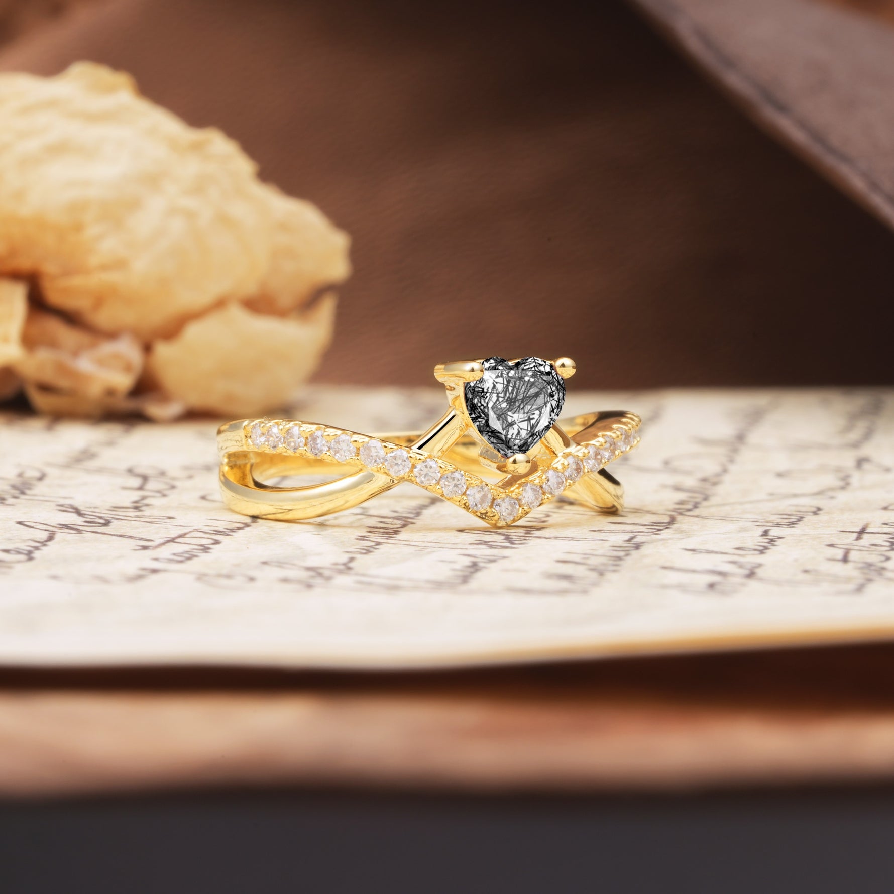 Unique Luxurious 3-Prong Heart-Cut Black Rutilated Quartz Engagement Ring - Additional view