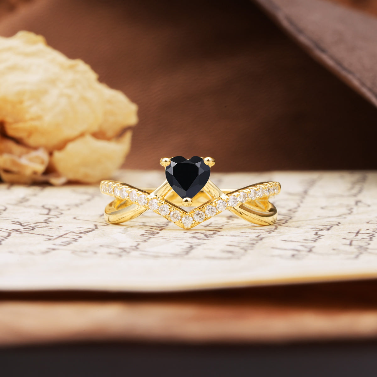 Unique Luxurious 3-Prong Heart-Cut Black Onyx Engagement Ring - Additional view