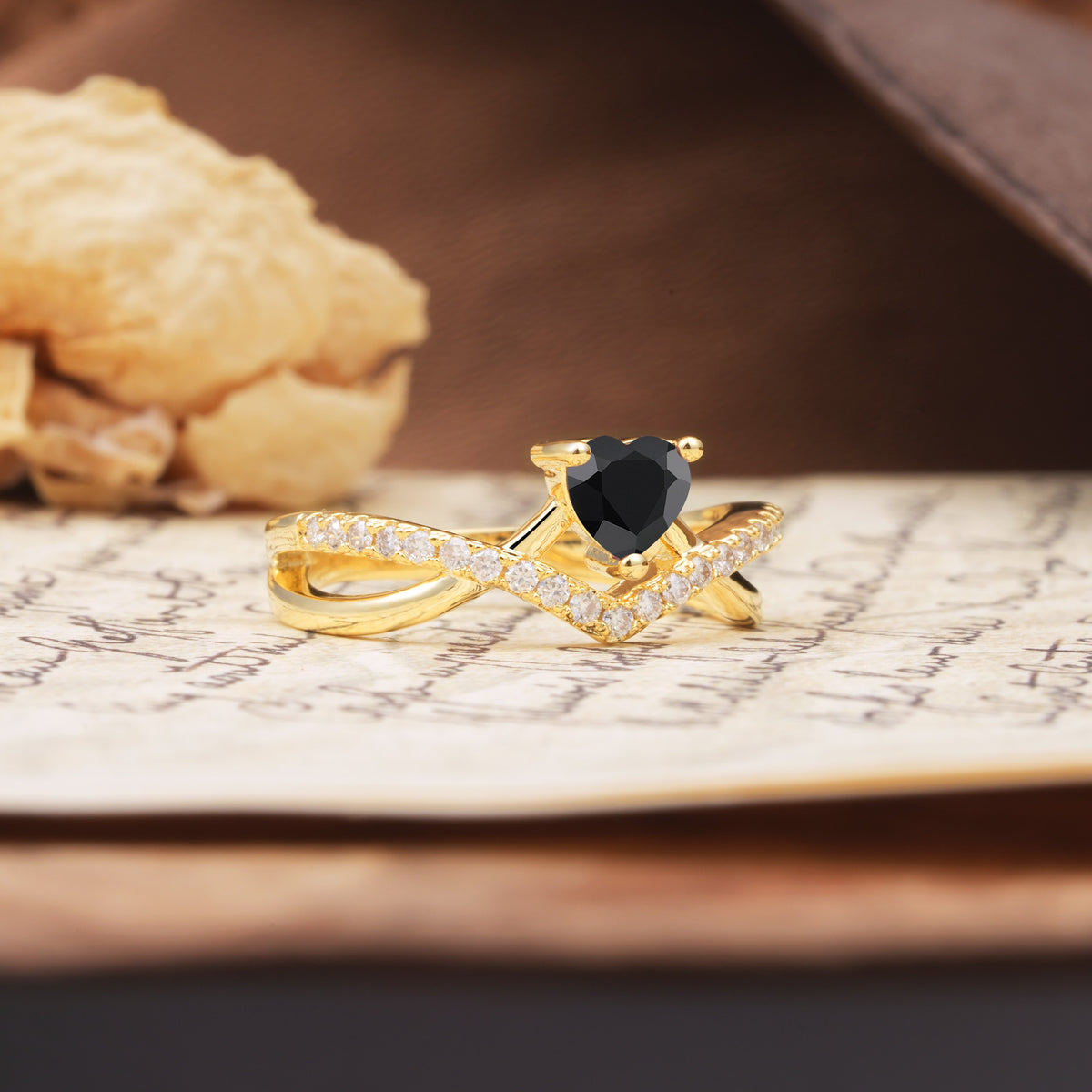 Unique Luxurious 3-Prong Heart-Cut Black Onyx Engagement Ring - Additional view