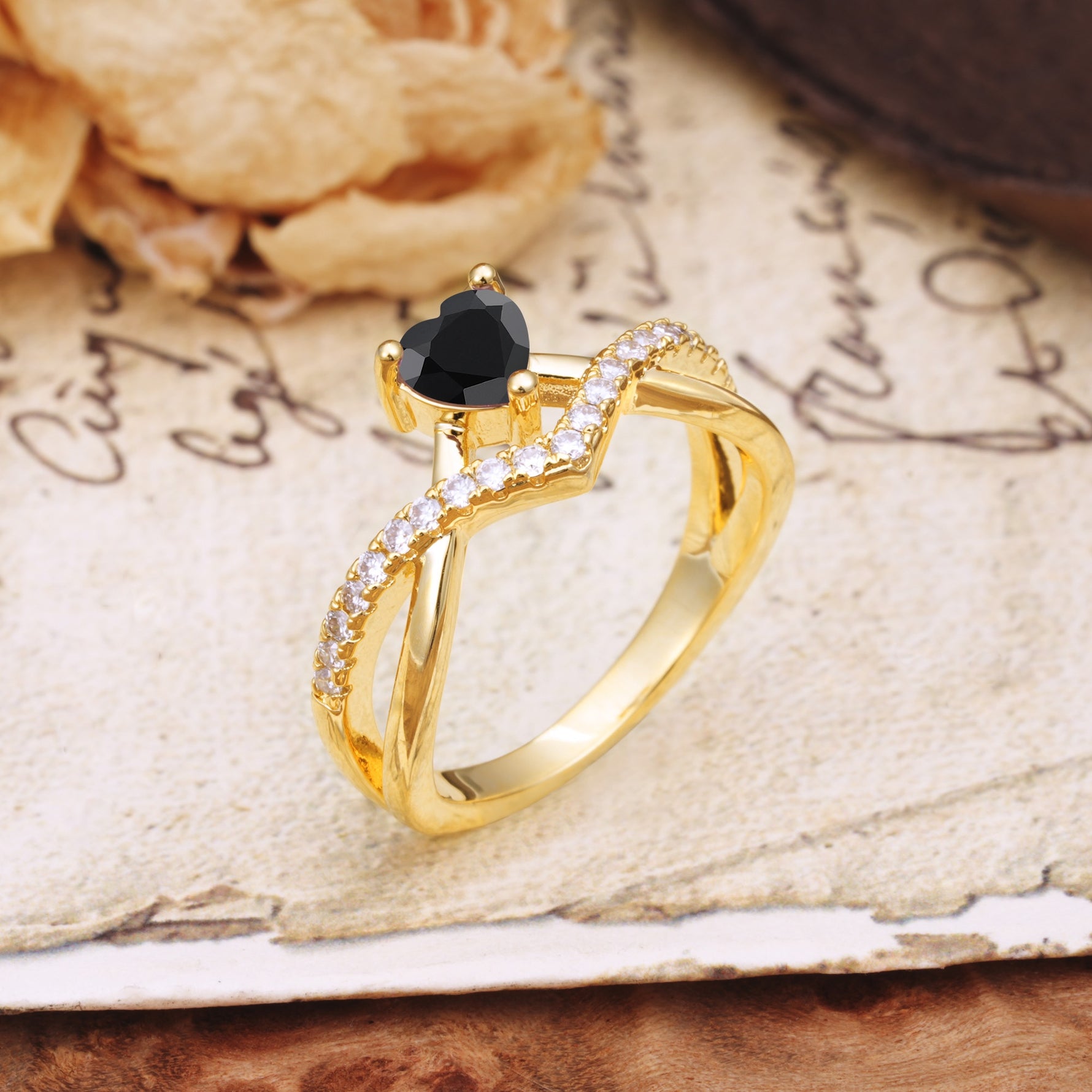Unique Luxurious 3-Prong Heart-Cut Black Onyx Engagement Ring - Additional view